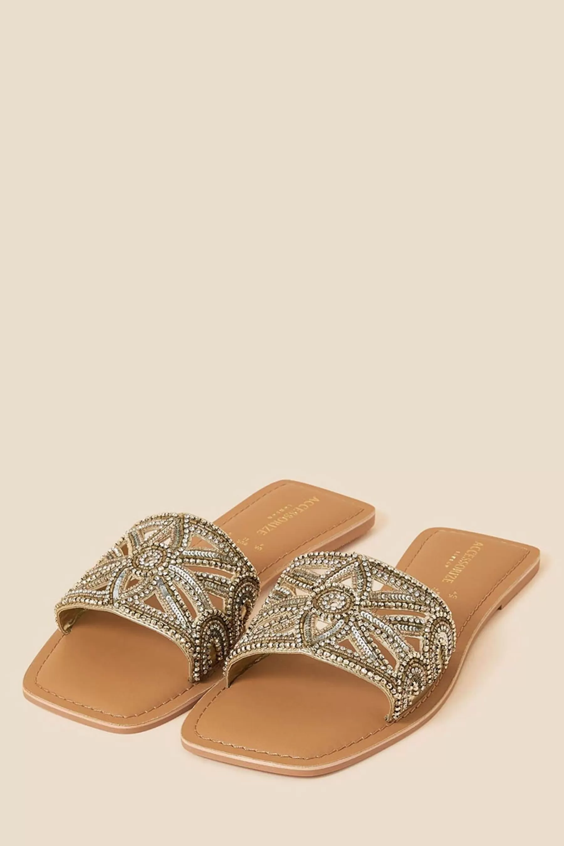 Accessorize Sandals- Flower Embellished Diamante Sliders Gold