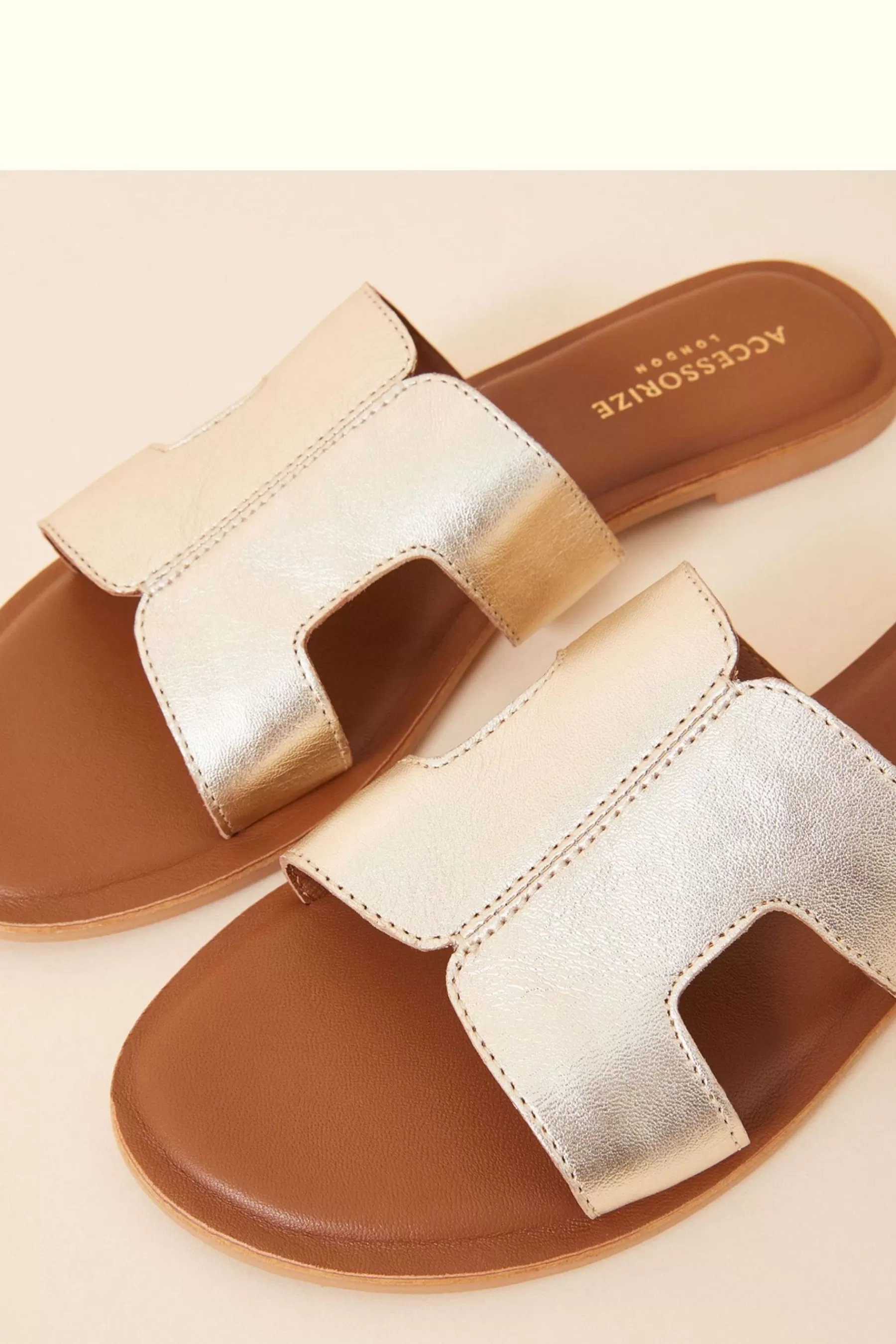 Accessorize Sandals- Leather Cut-Out Detail Sliders Gold