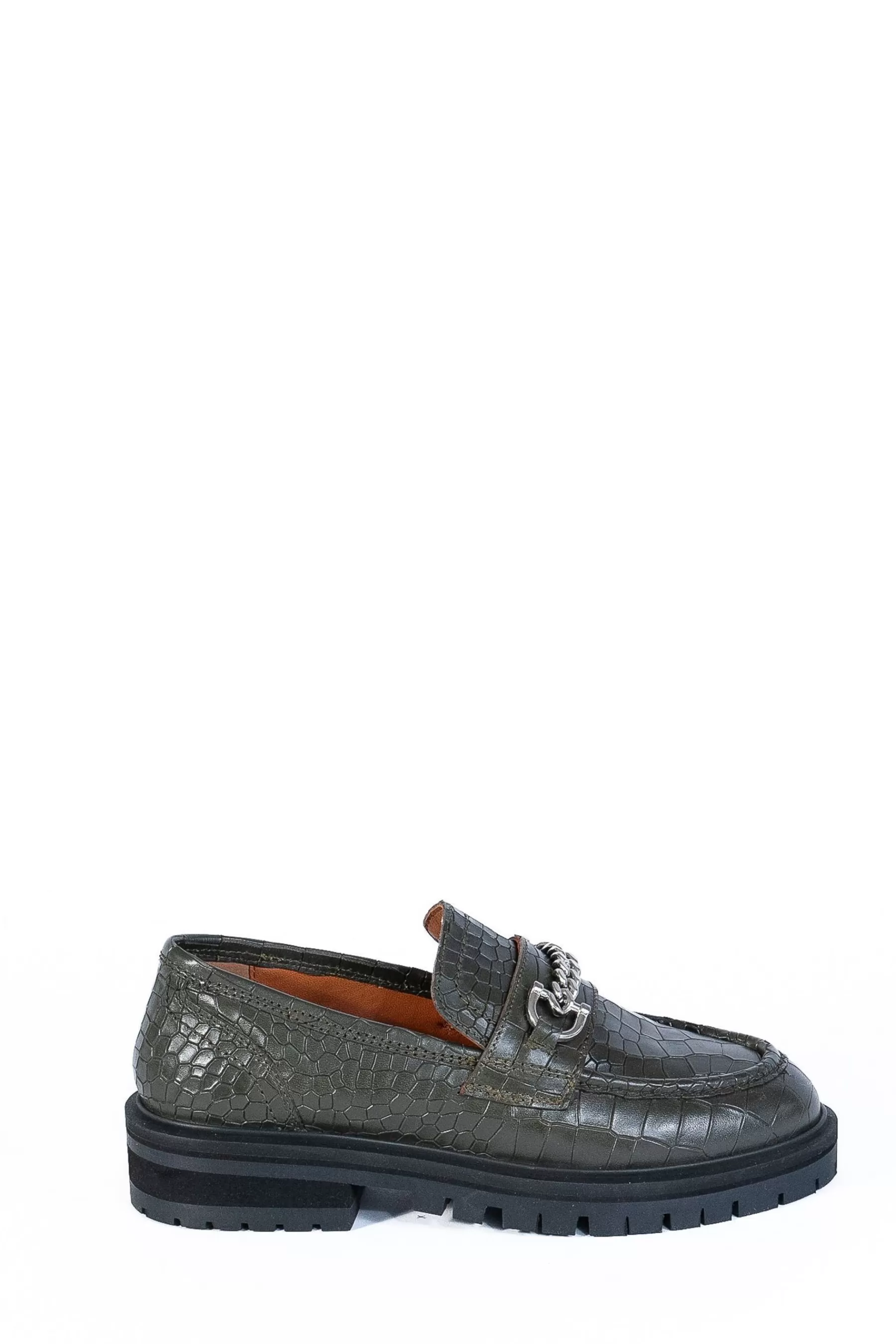 ASRA London Flat- Francine Leather Croc Effect Loafers Green