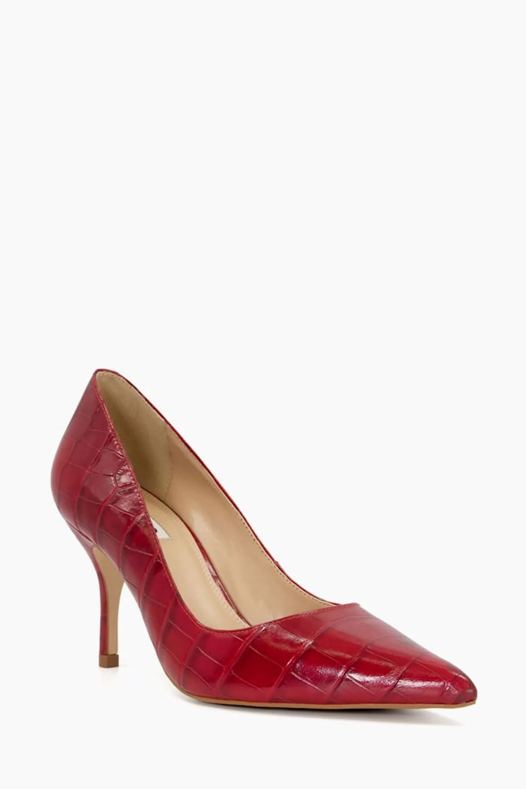 Dune London Heels | Black Bold Mid Heel Point Court Shoes Red