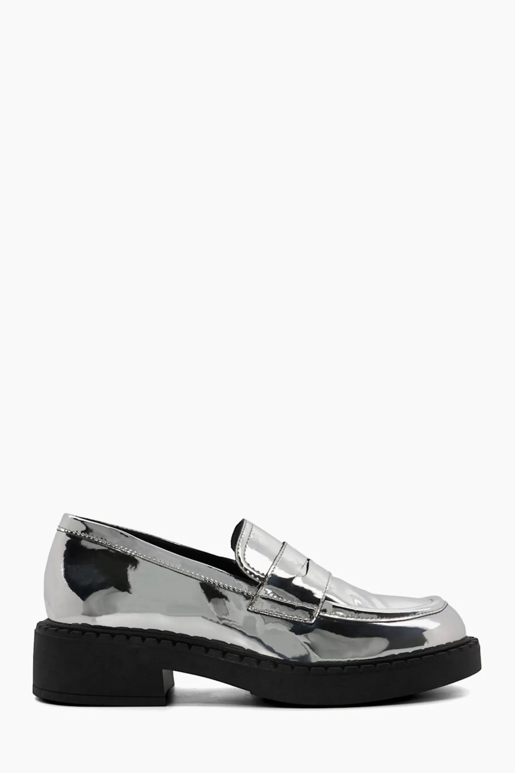 Dune London Flat- Black Gradual Platform Penny Loafers Silver