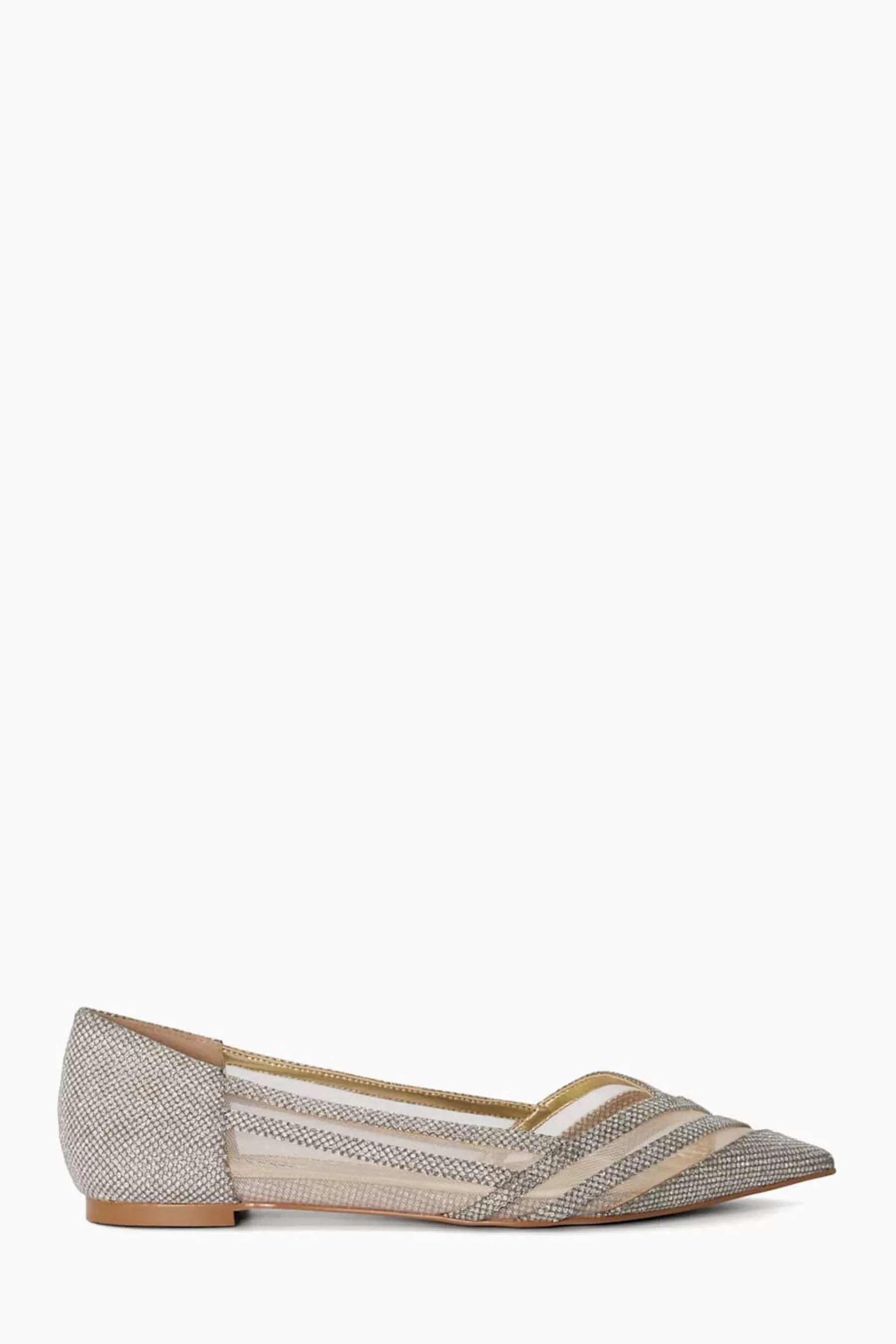 Dune London Flat- Natural Harlenes Mesh Panelled Pointy Flats Metallic