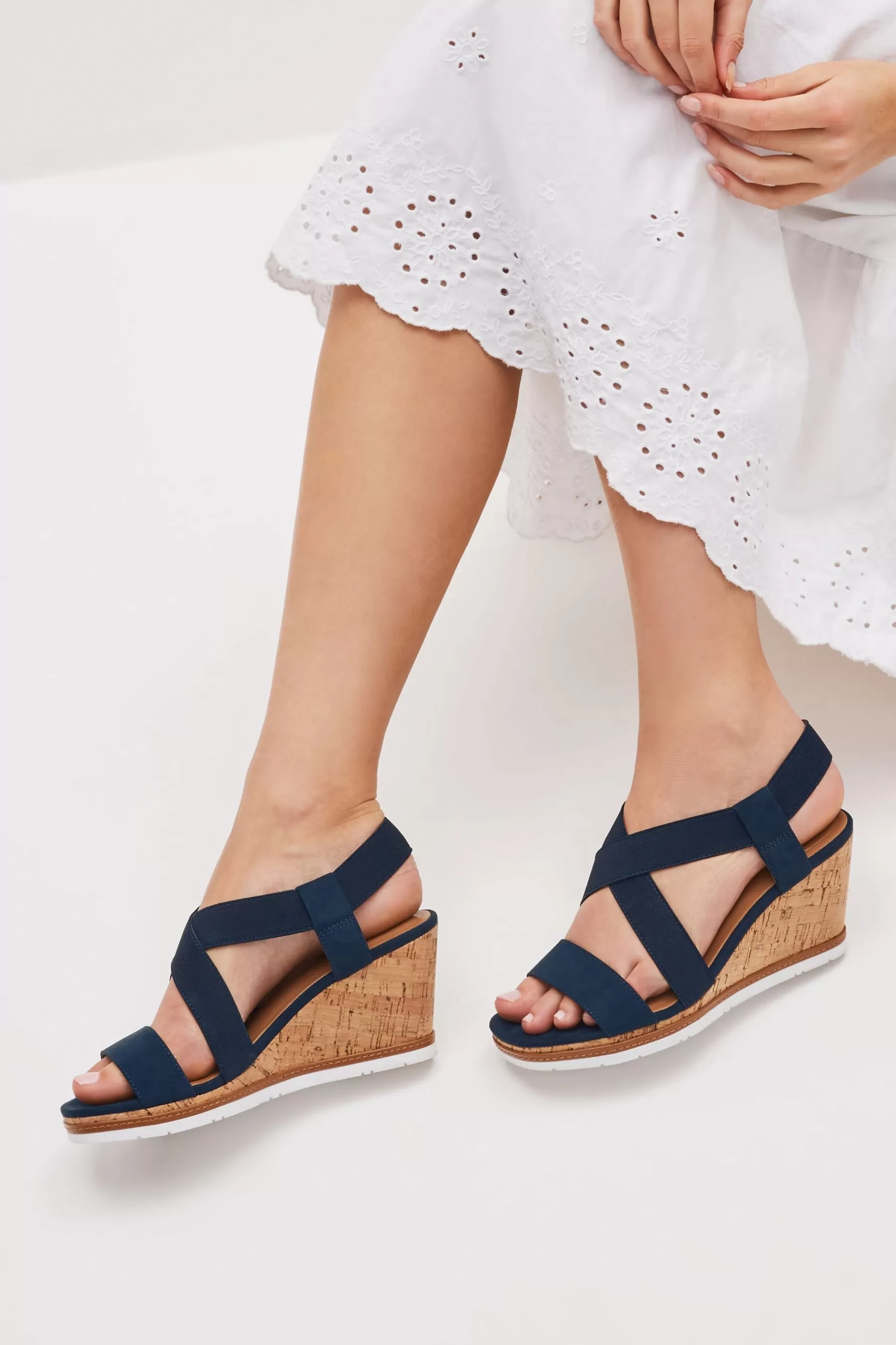 Next Sandals-Forever Comfort® Elastic Cross-Over Wedges Navy Blue