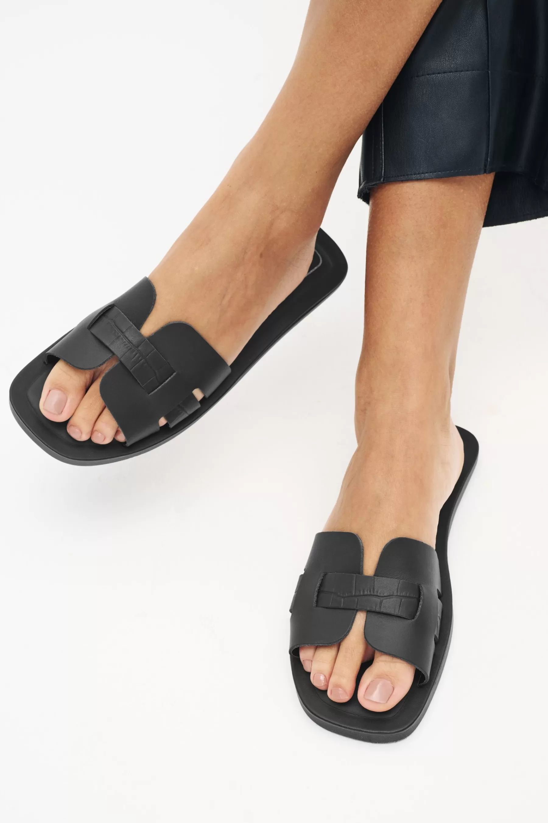 Next Sandals | Forever Comfort® Leather Mule Flat Sandals Black Croc Effect