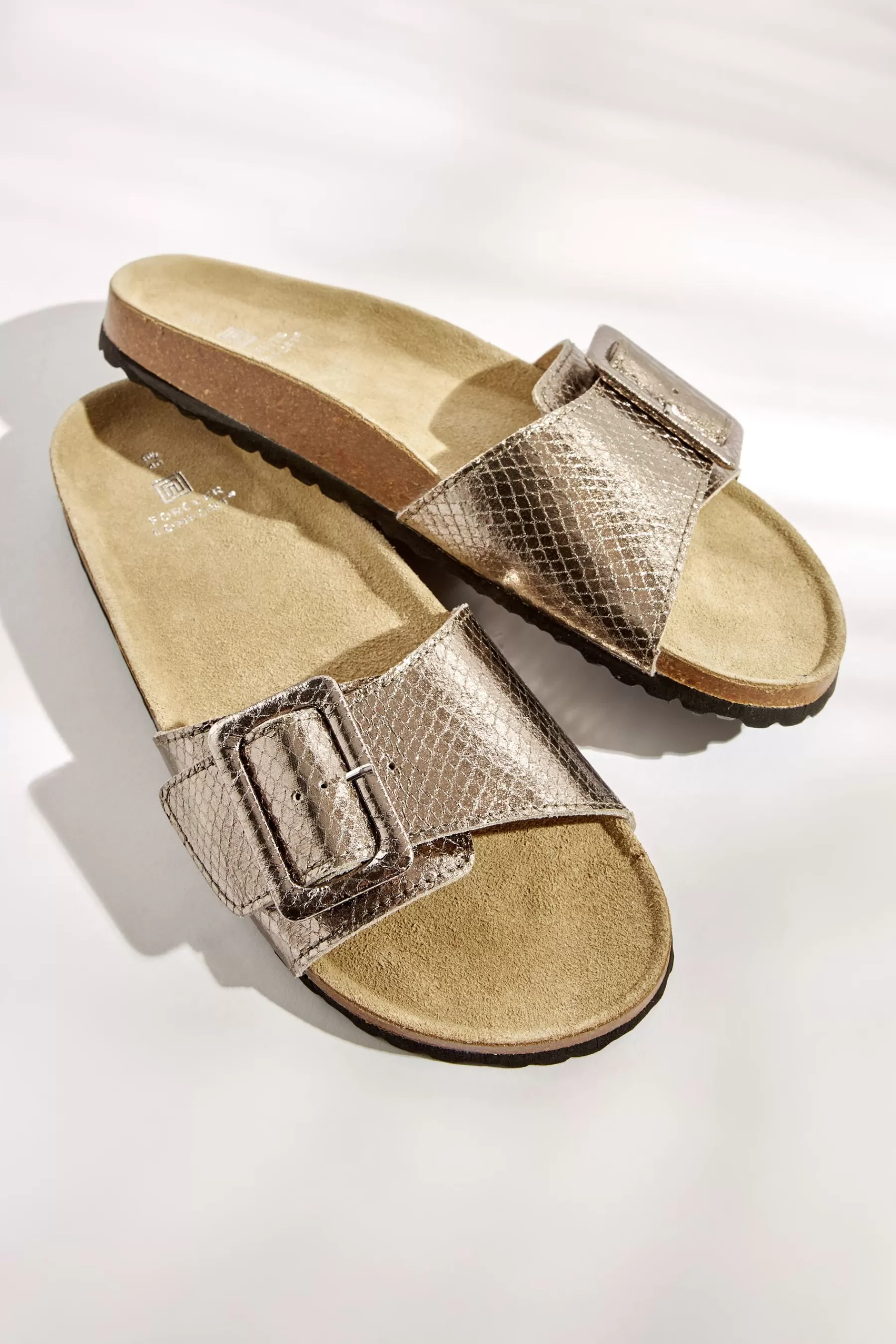 Next Sandals-Forever Comfort® Leather Single Strap Footbed Sandals Pewter