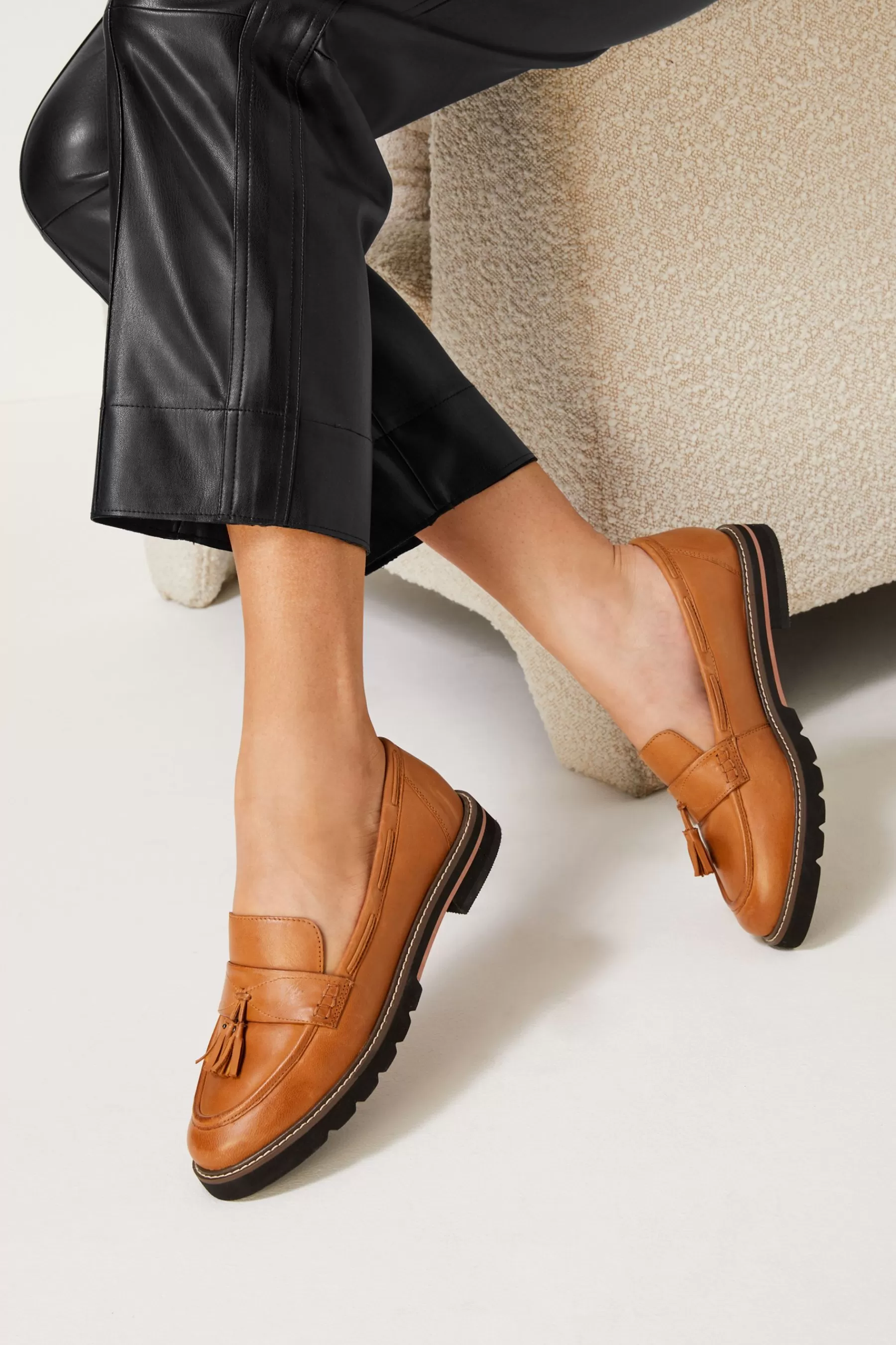 Next Flat-Forever Comfort® Leather Tassel Chunky Loafer Shoes Camel