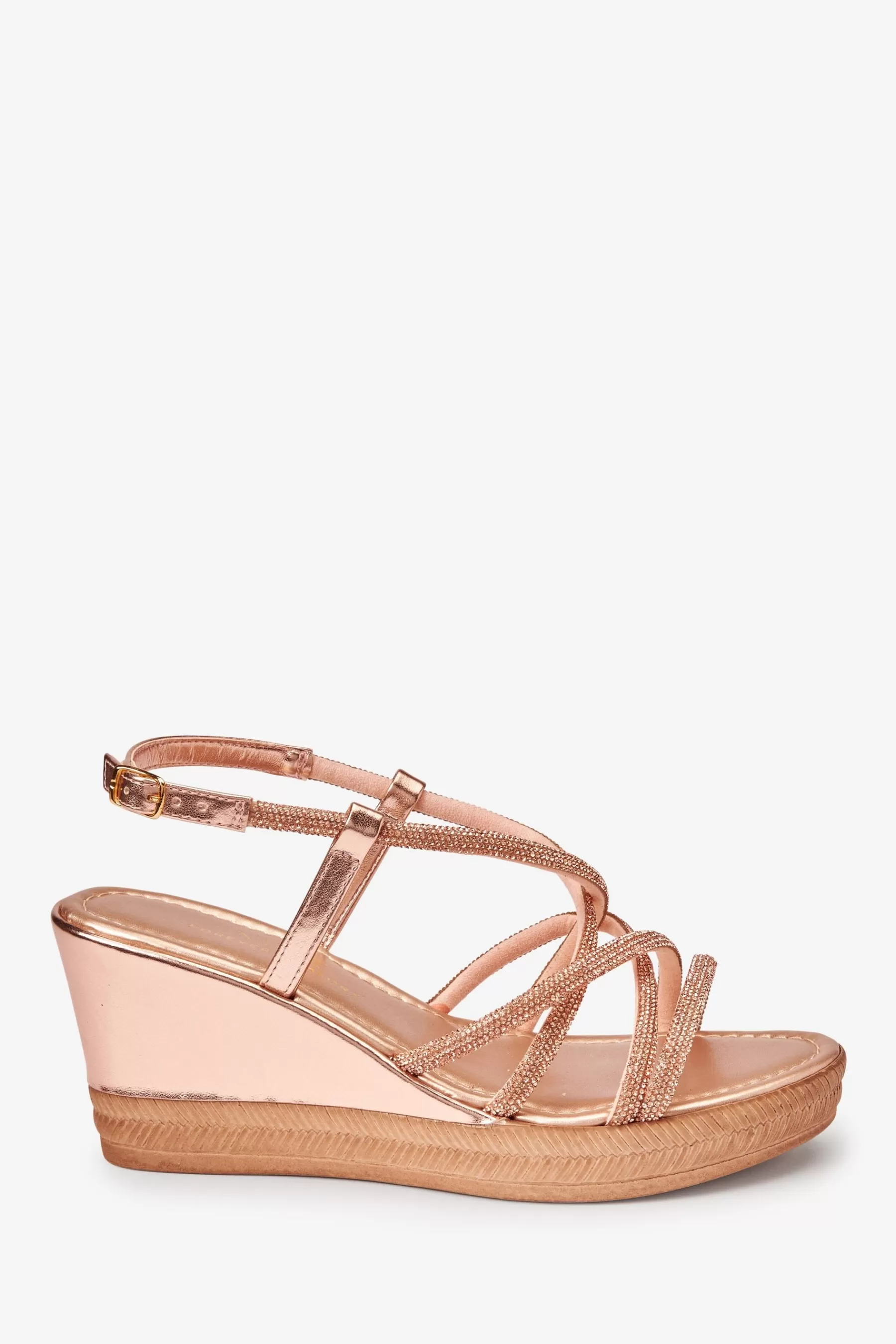 Next Sandals | Forever Comfort® Tubular Bling Asymmetric Wedges Rose Gold