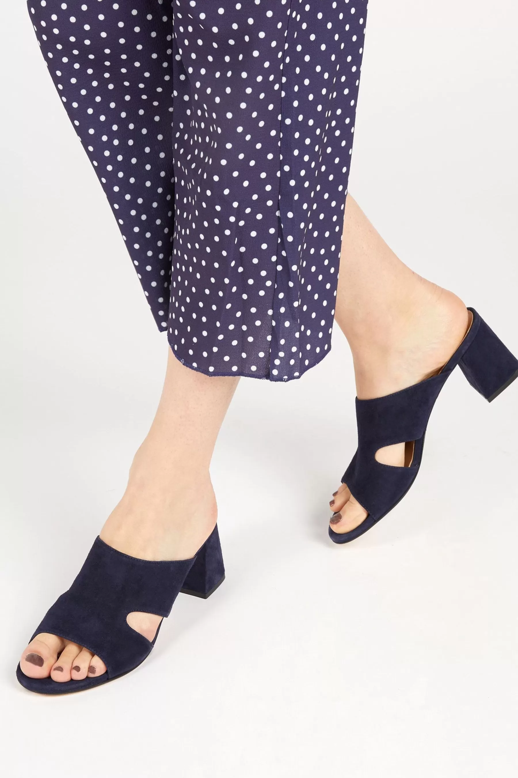 Jones Bootmaker Sandals- Kennedi Leather Heeled Mule Sandals Navy Blue