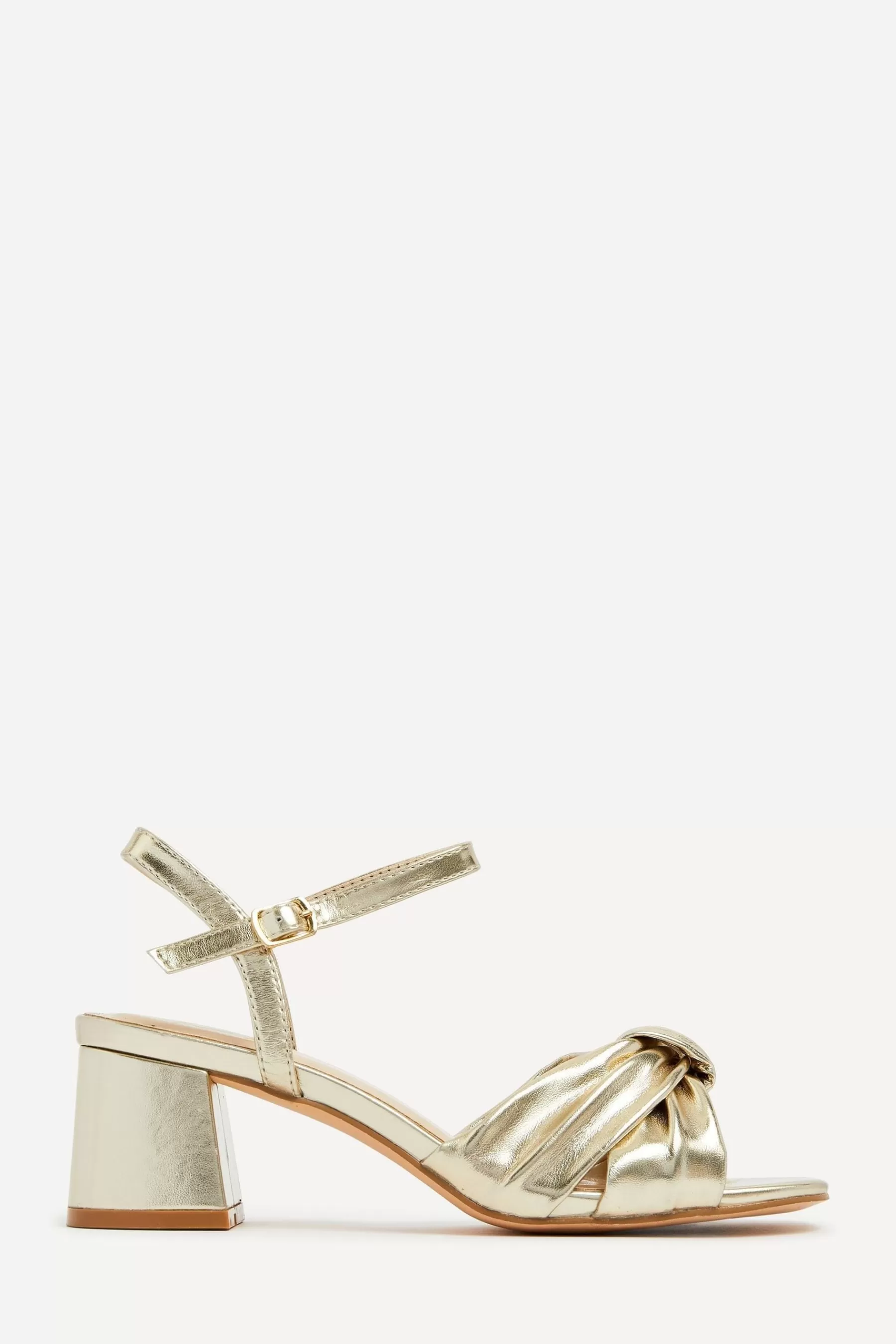 Linzi Sandals | Charlotte Block Heeled Sandals With Bow Front Detail Gold