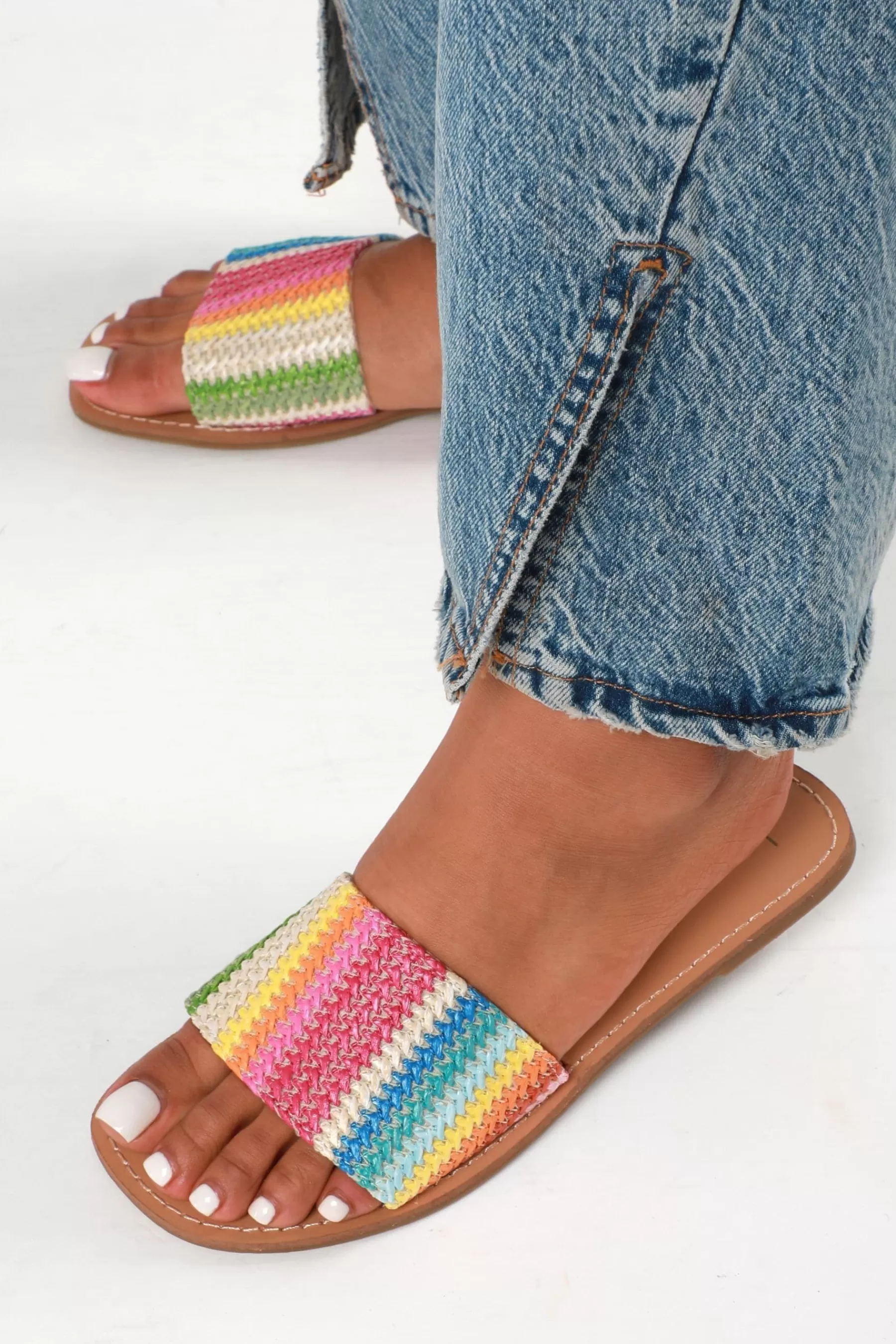 Linzi Sandals- Dubai Flat Slider Sandals With Rainbow Front Strap Pink