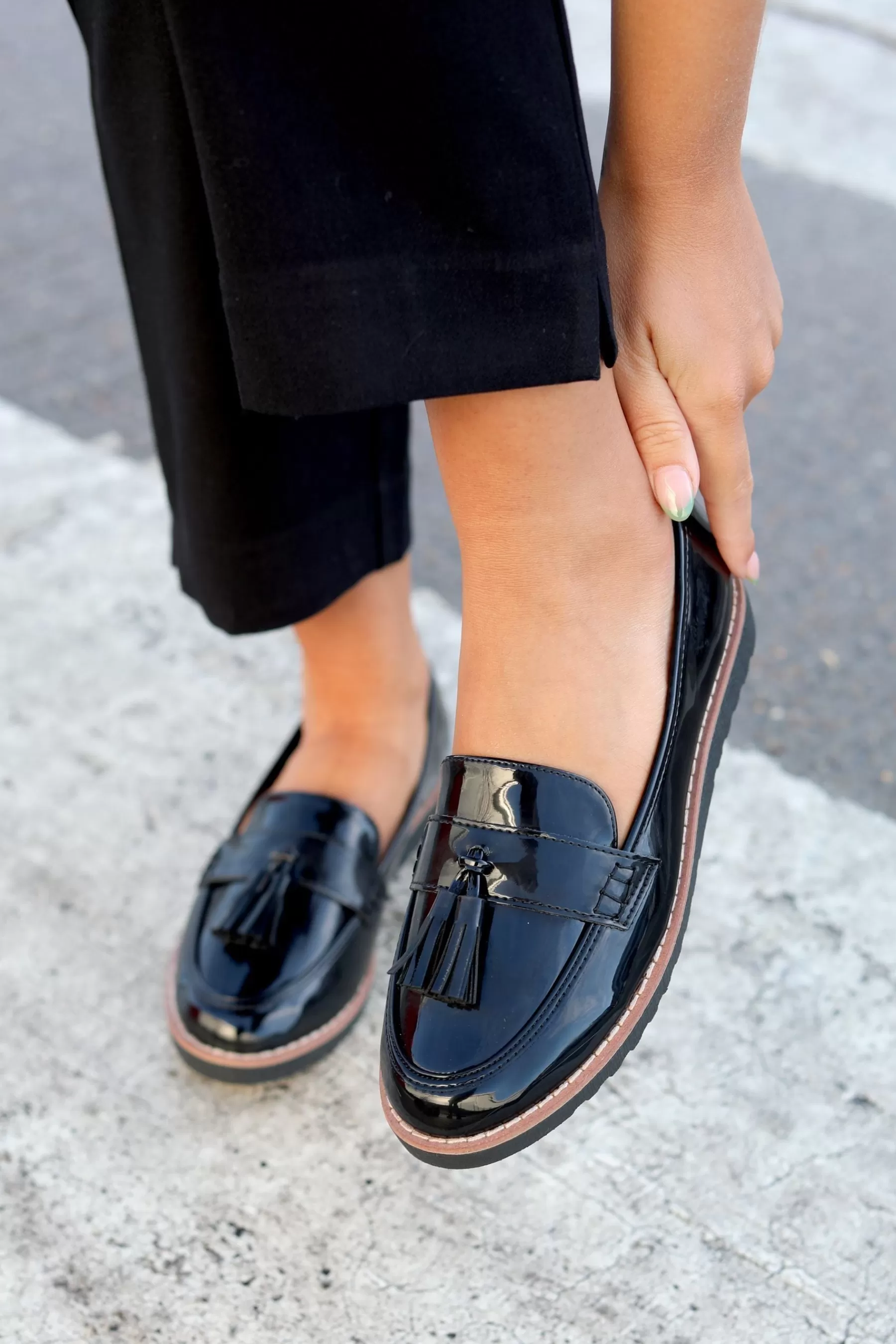 Linzi Flat- Samson Slip-Ons Loafers With Tassle Trim Black Patent