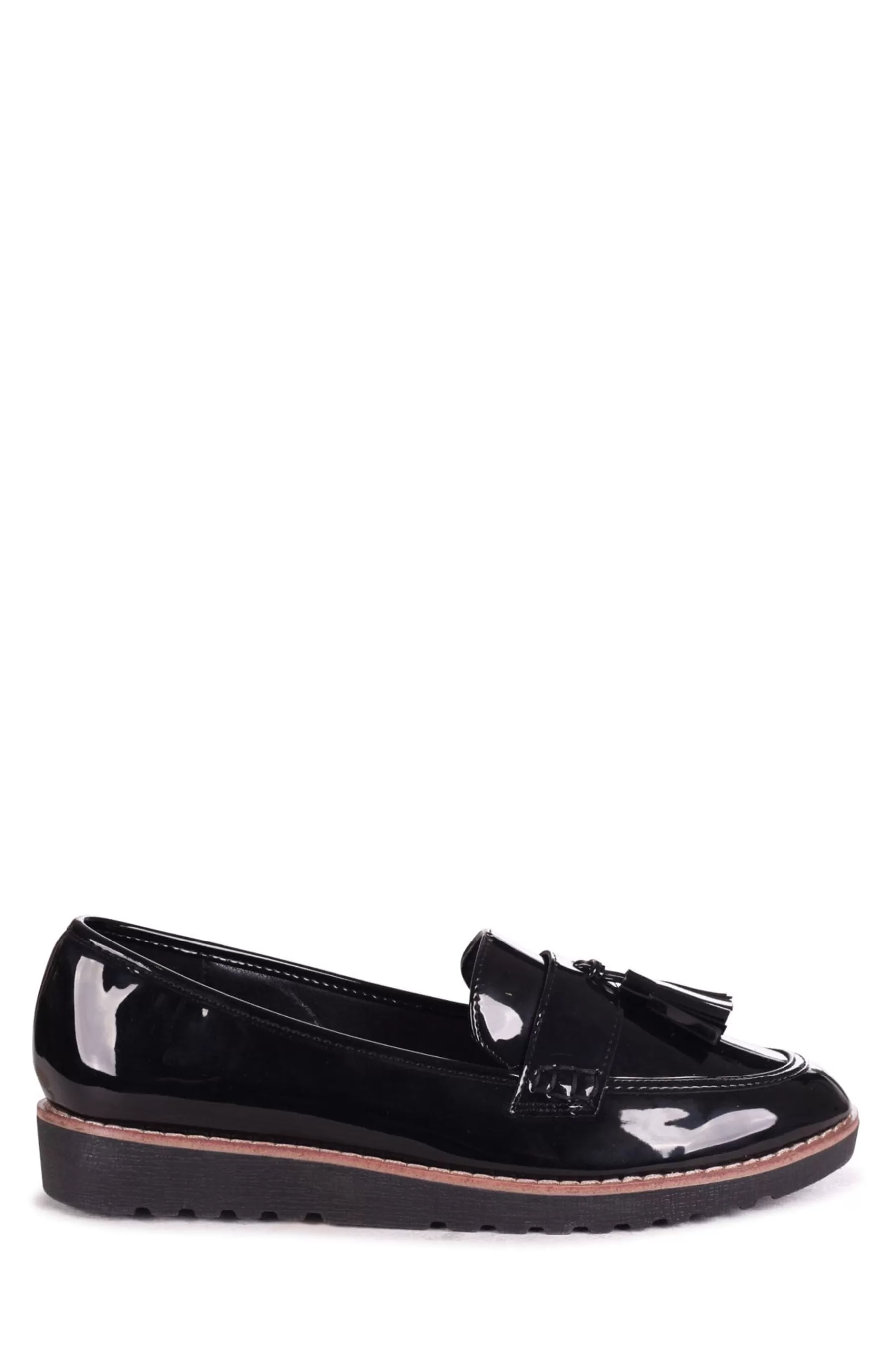 Linzi Flat- Samson Slip-Ons Loafers With Tassle Trim Black Patent