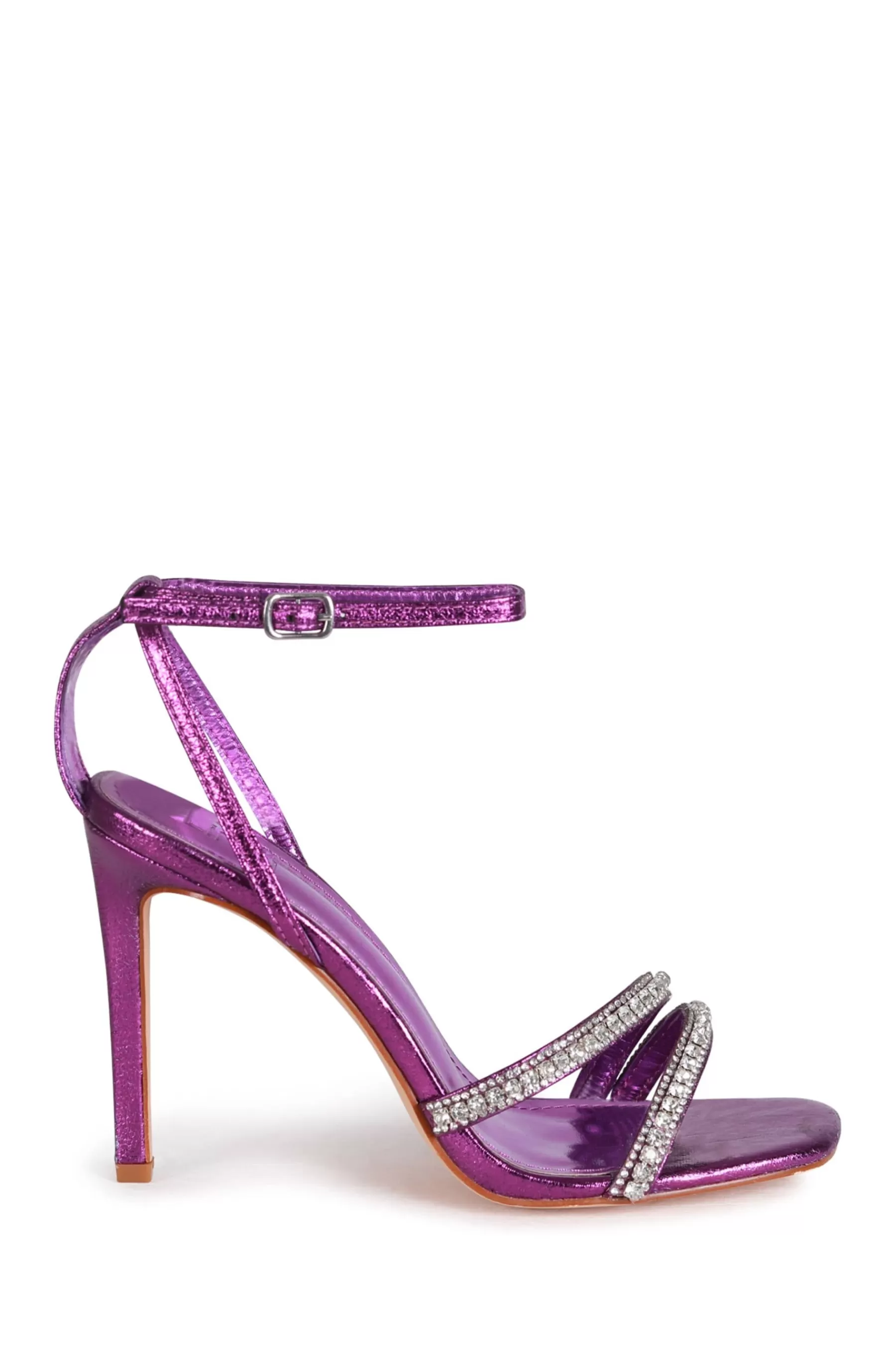 Linzi Sandals- Stiletto Heeled Sandals With Diamante Front Straps Purple