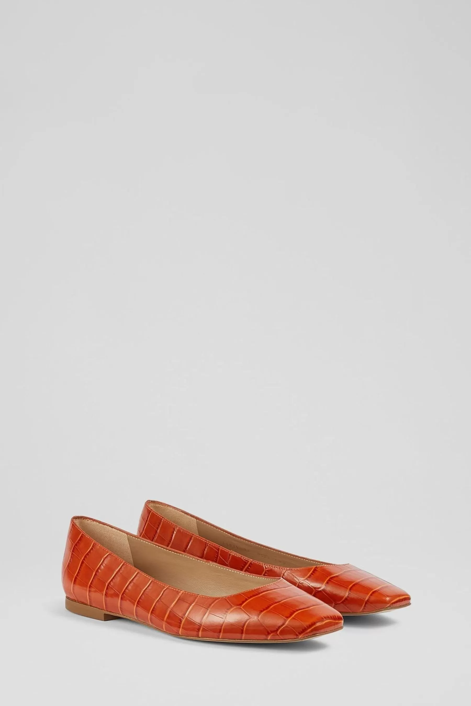 LK Bennett Flat- Phyllis Croc-Effect Leather Flats Orange