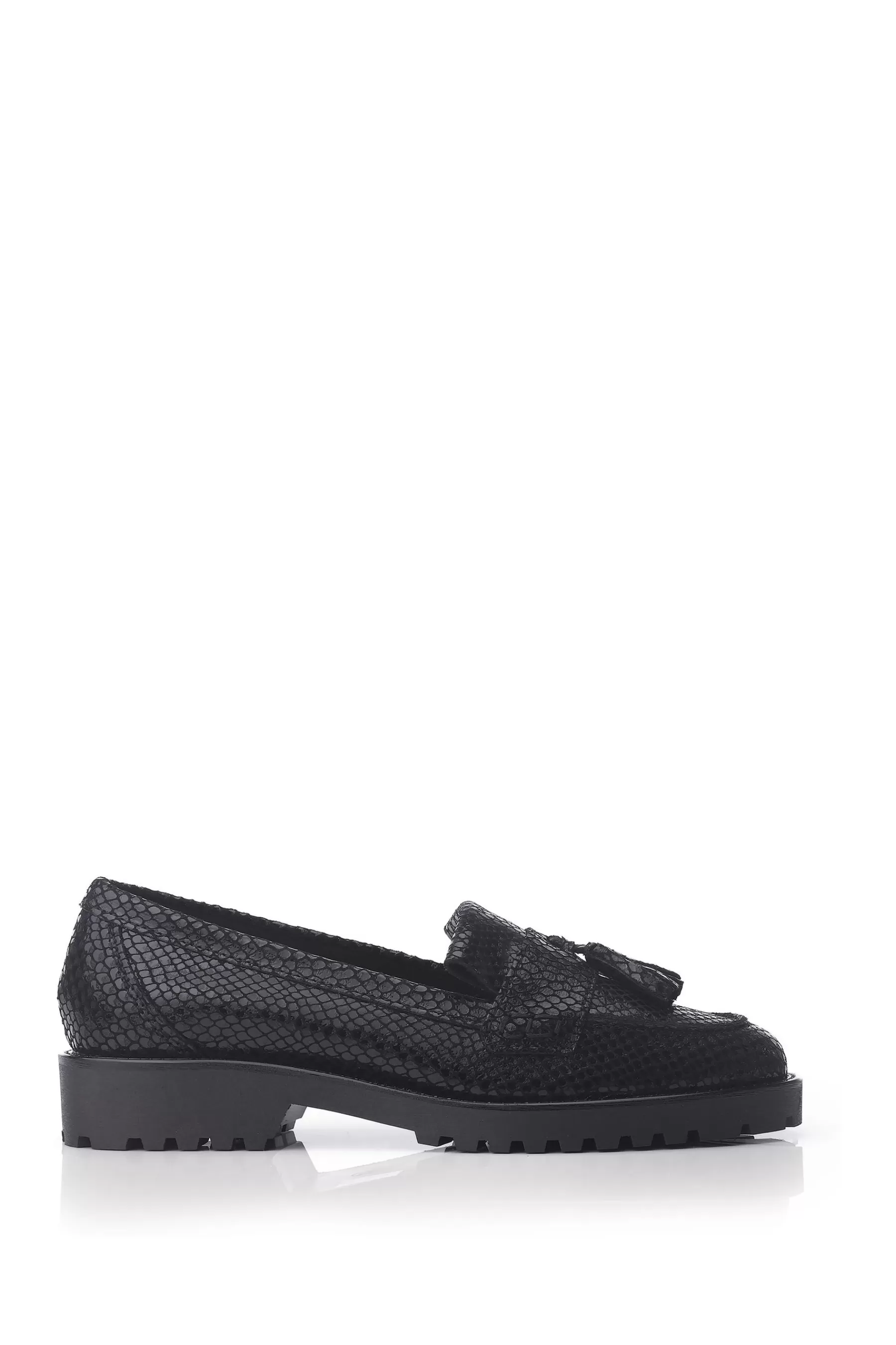 Moda in Pelle Flat- Eliona Cleated Fringe Loafers Black