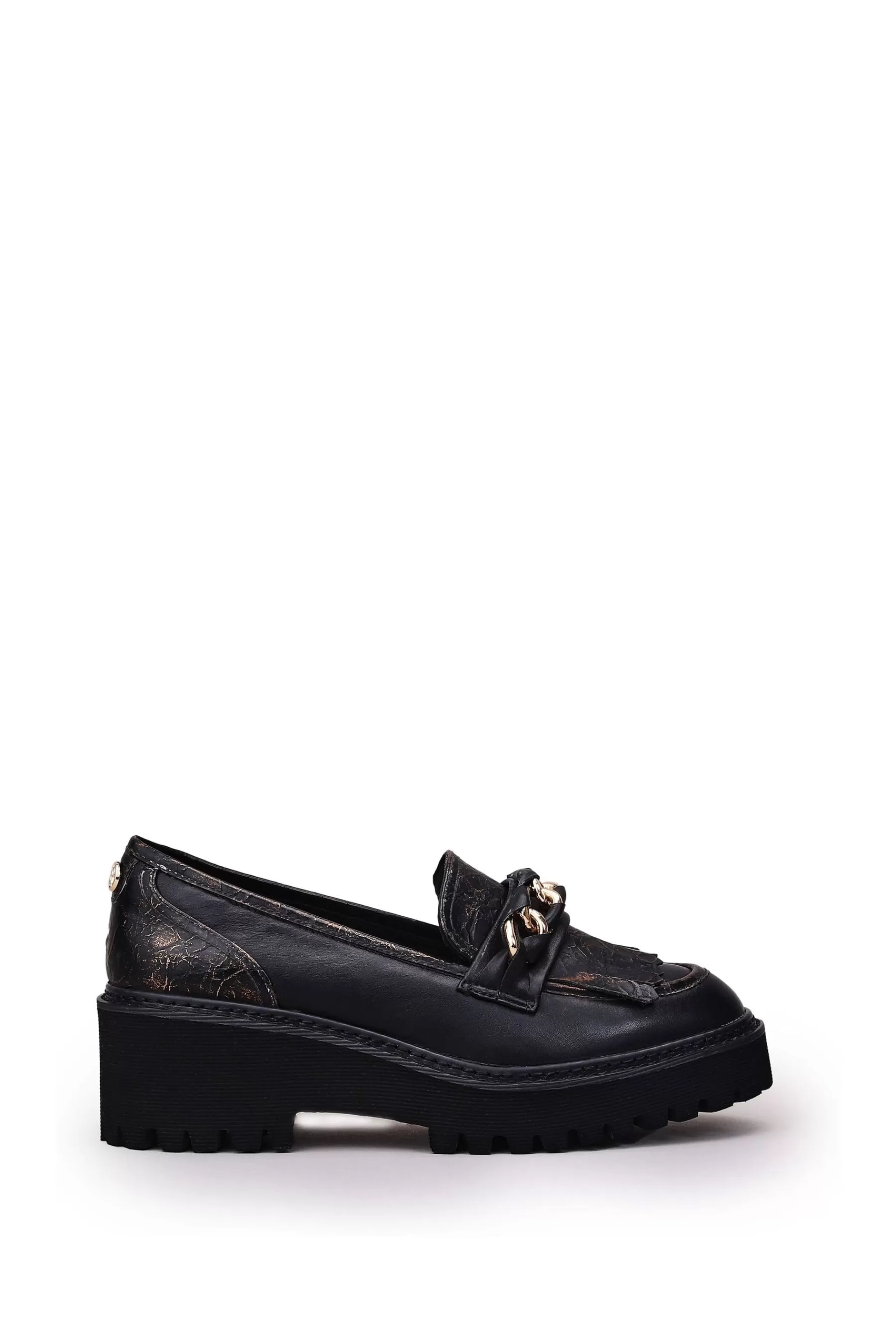 Moda in Pelle Heels | Holliee Chunky Wedge Tassel Trim Loafers Black