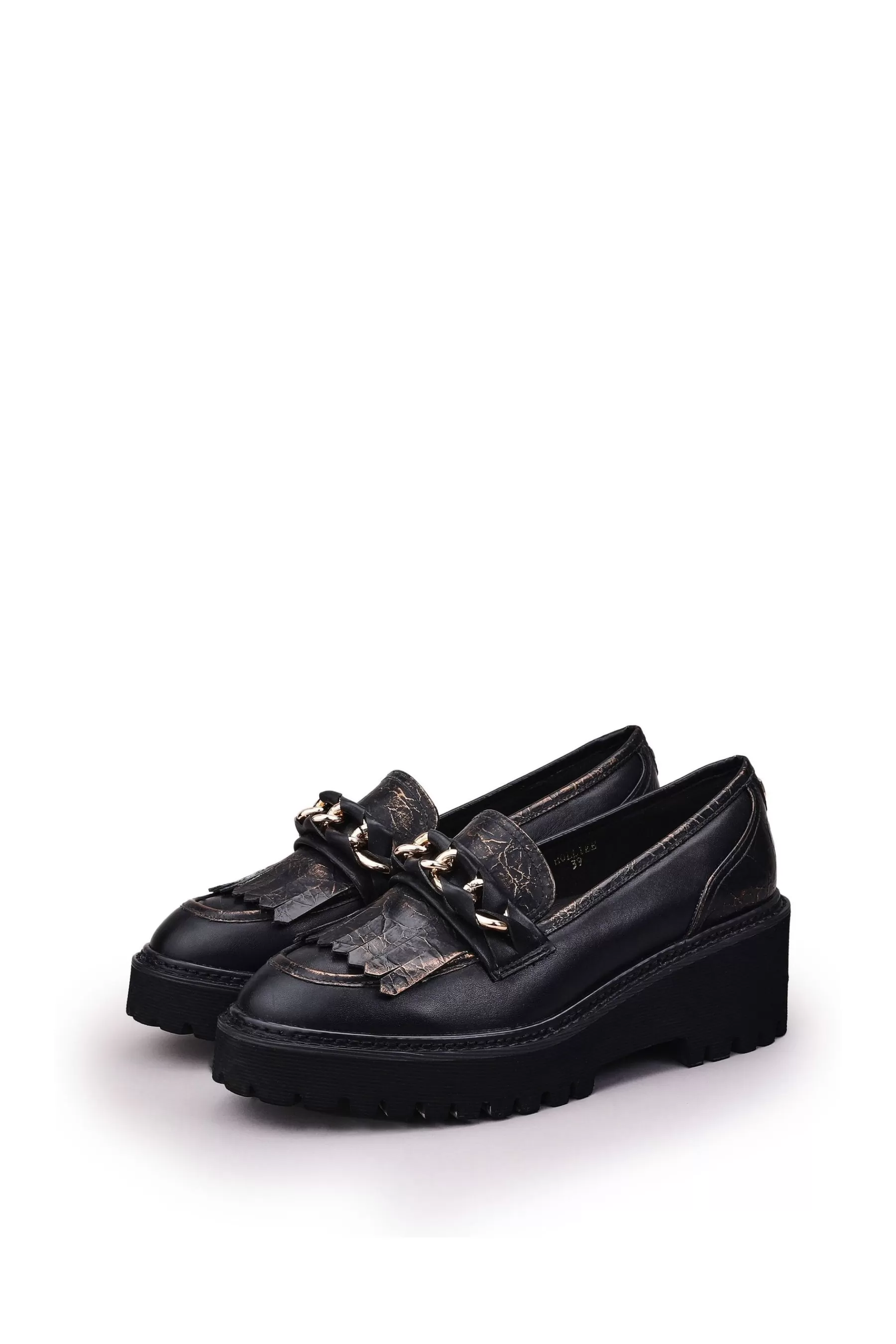 Moda in Pelle Heels | Holliee Chunky Wedge Tassel Trim Loafers Black