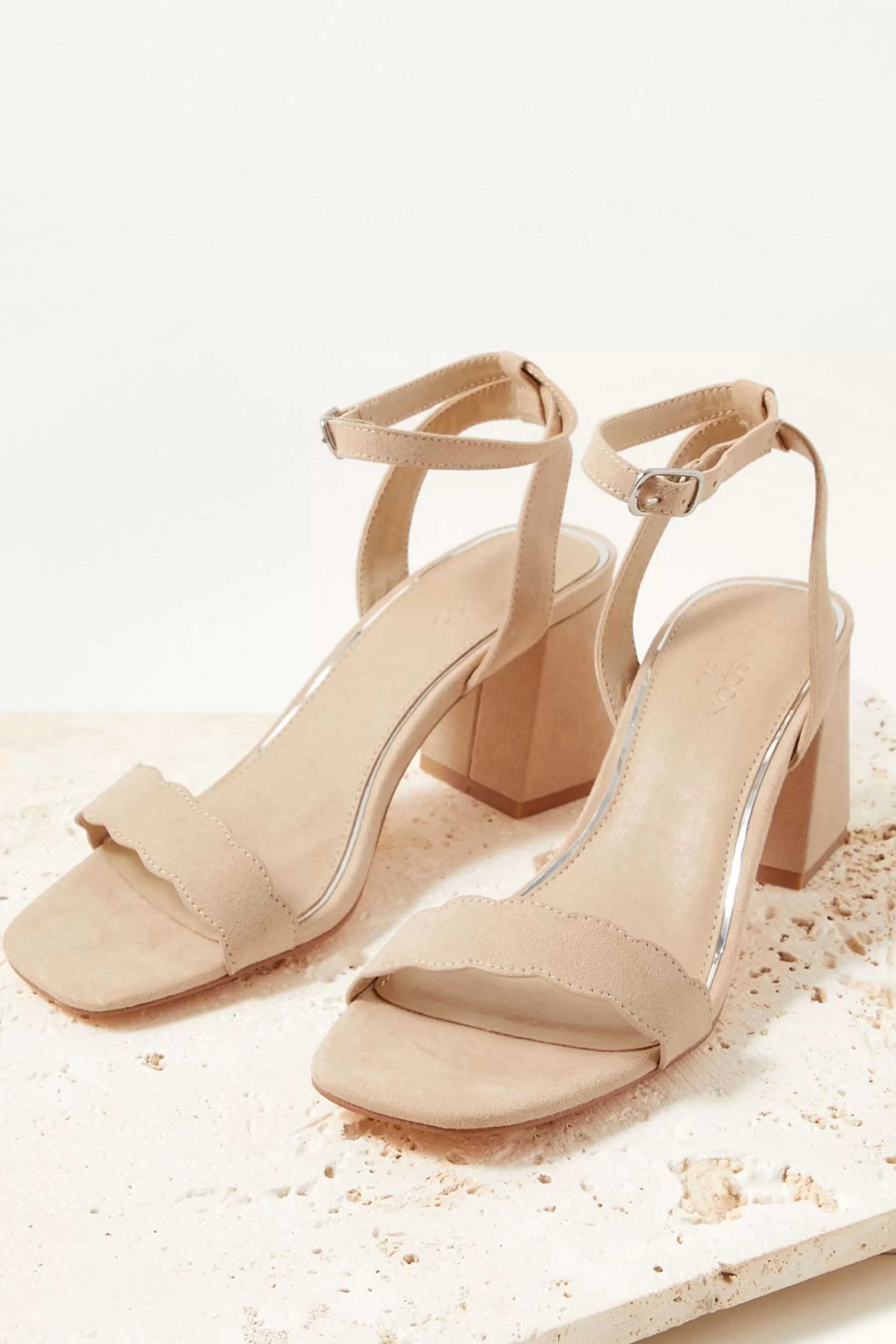 Monsoon Sandals- Sandy Scallop Occasion Block Heels Nude