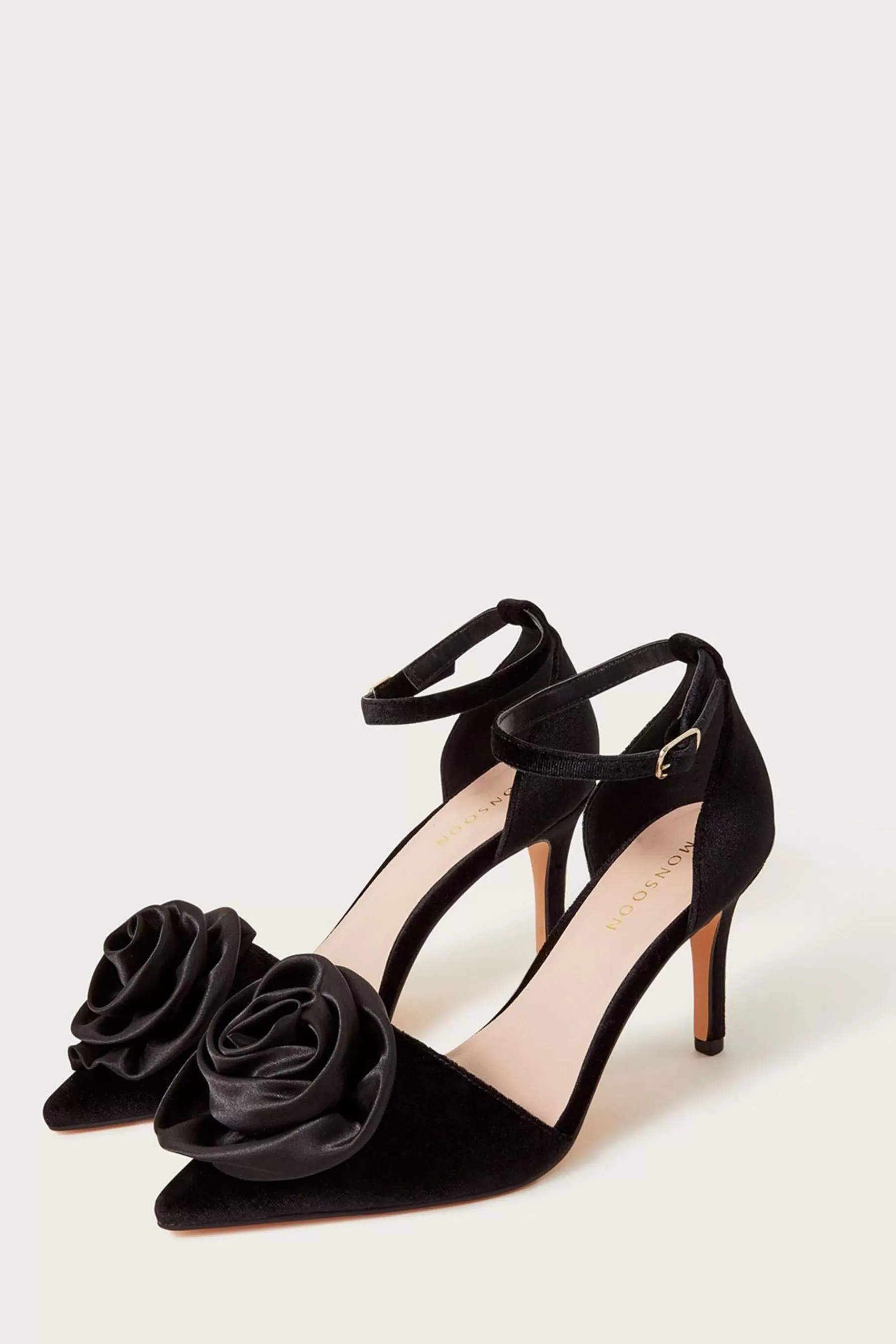 Monsoon Sandals- Satin Corsage Heeled Shoes Black