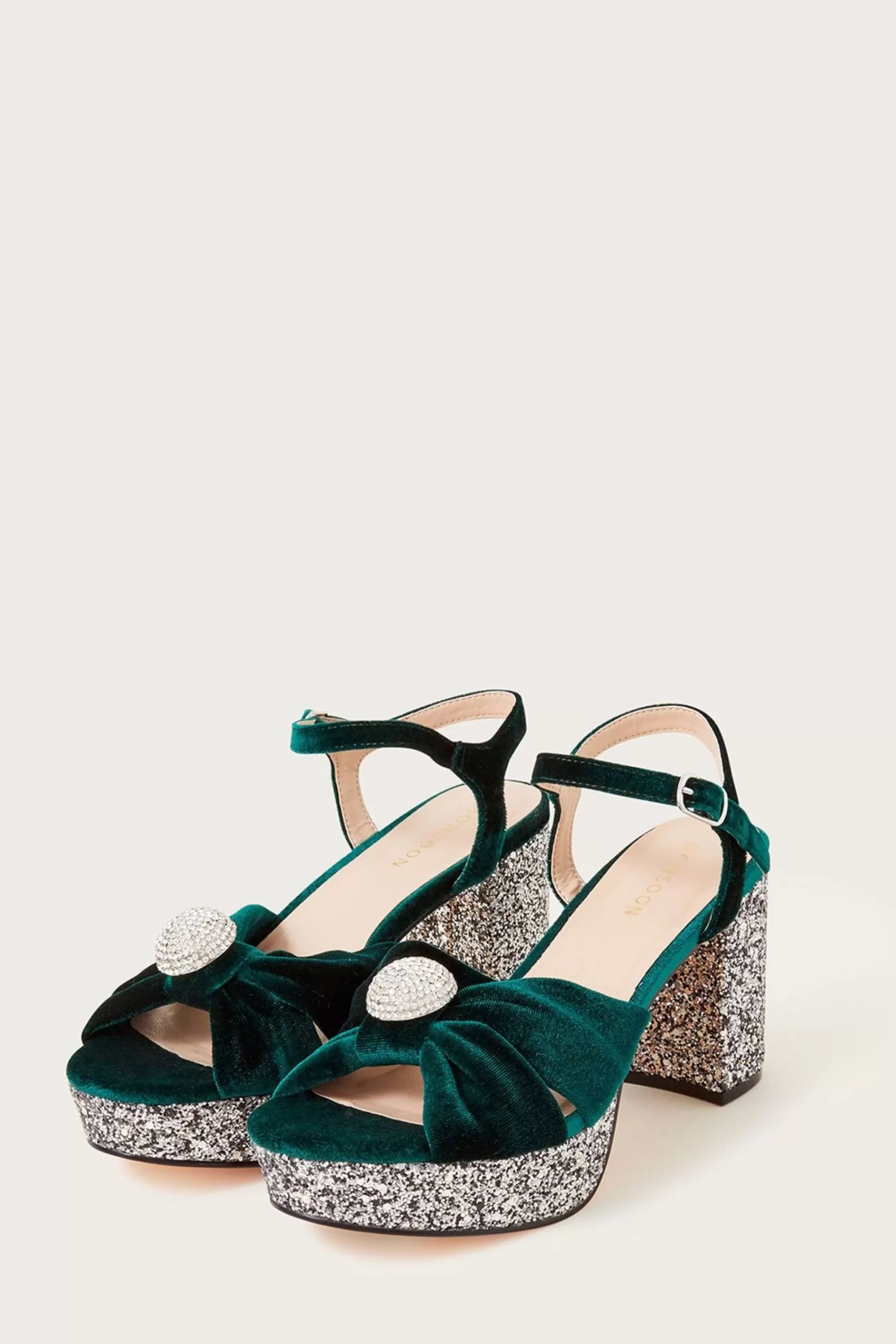 Monsoon Sandals | Velvet Glitter Platform Sandals Green