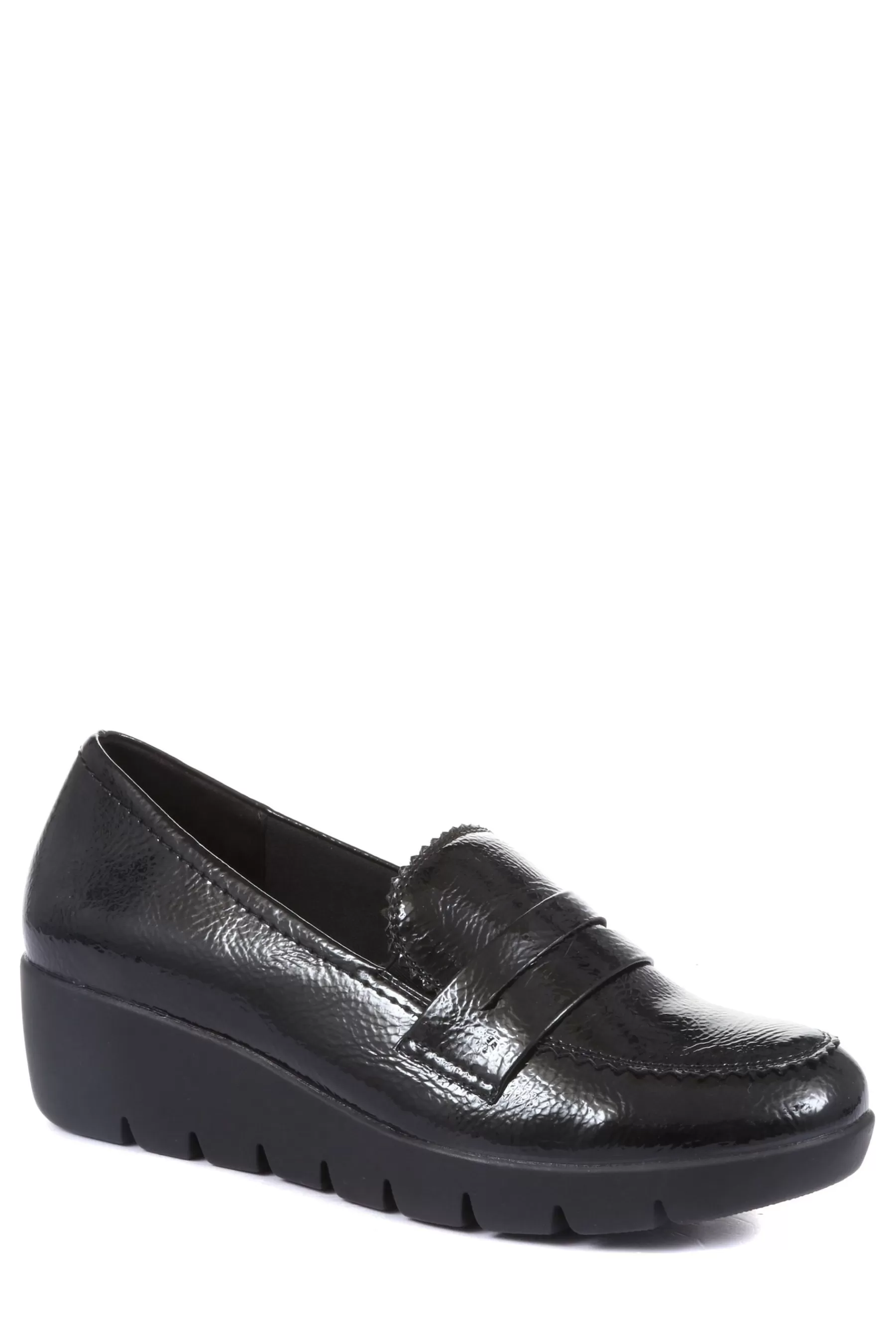 Pavers Heels | Ladies High-Shine Wedge Loafers Black