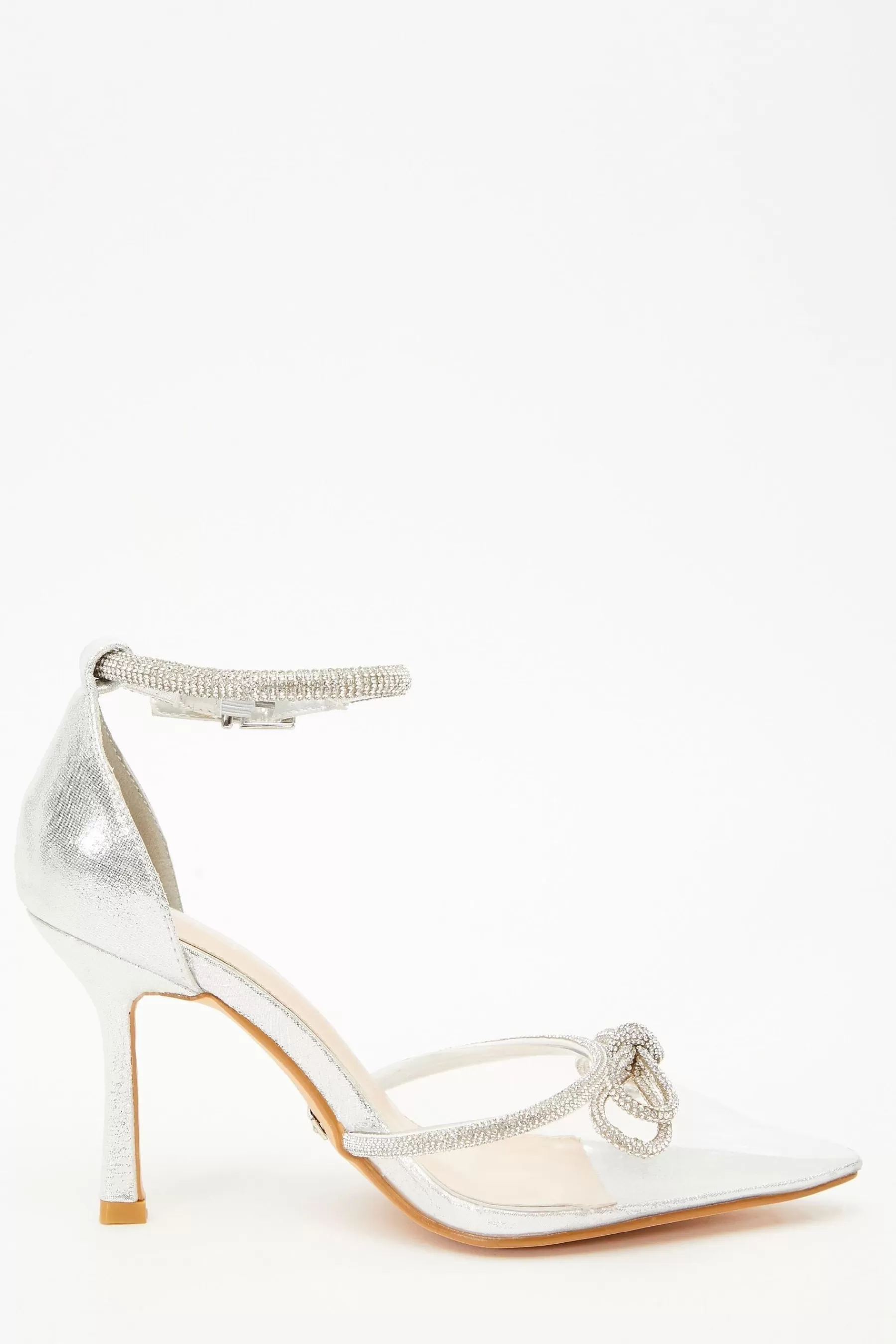 Quiz Sandals | Clear Diamante Bow Court Heels Metallic