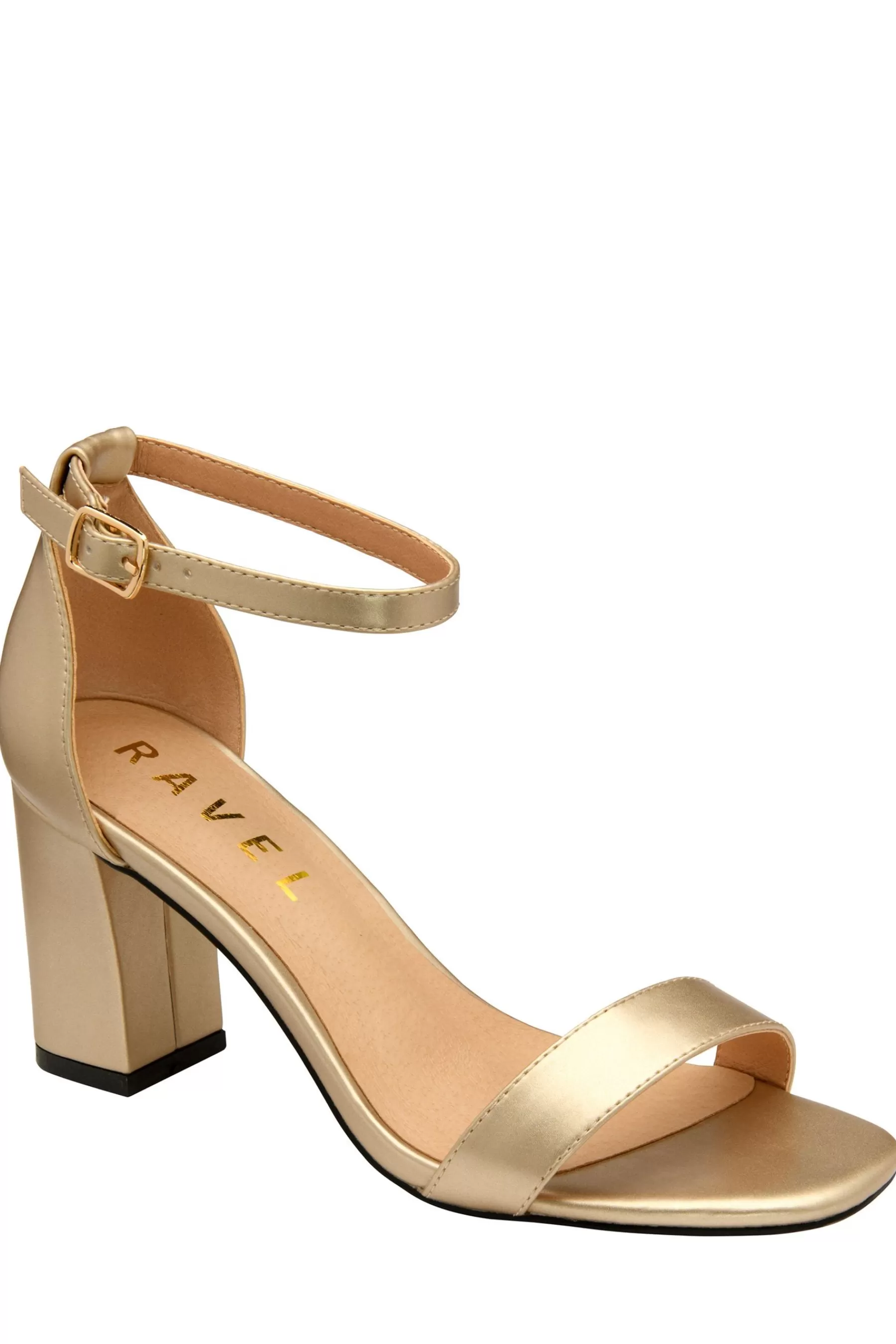 Ravel Sandals- Metallic Block Heel Sandal Buckle Fastening Gold