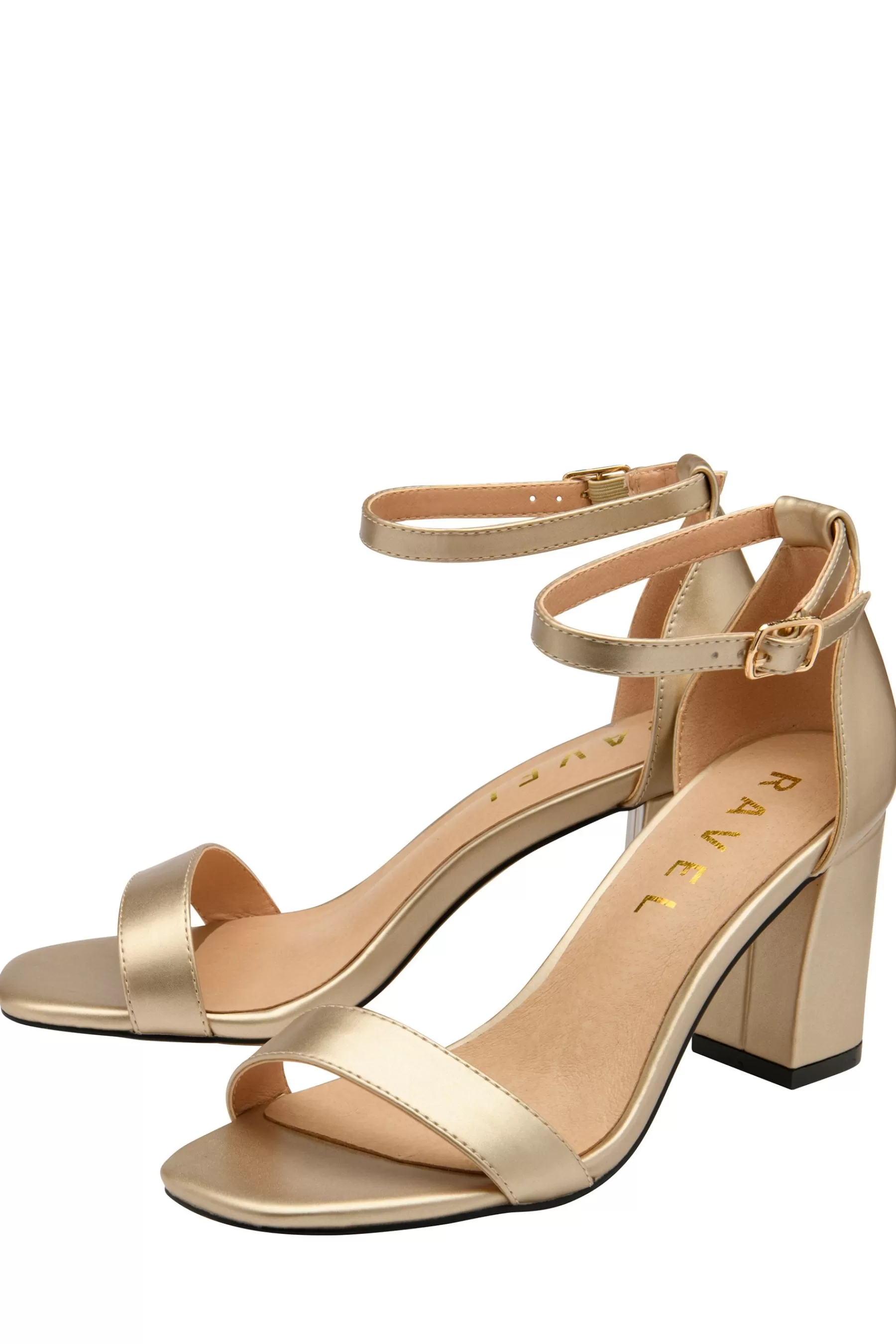 Ravel Sandals- Metallic Block Heel Sandal Buckle Fastening Gold