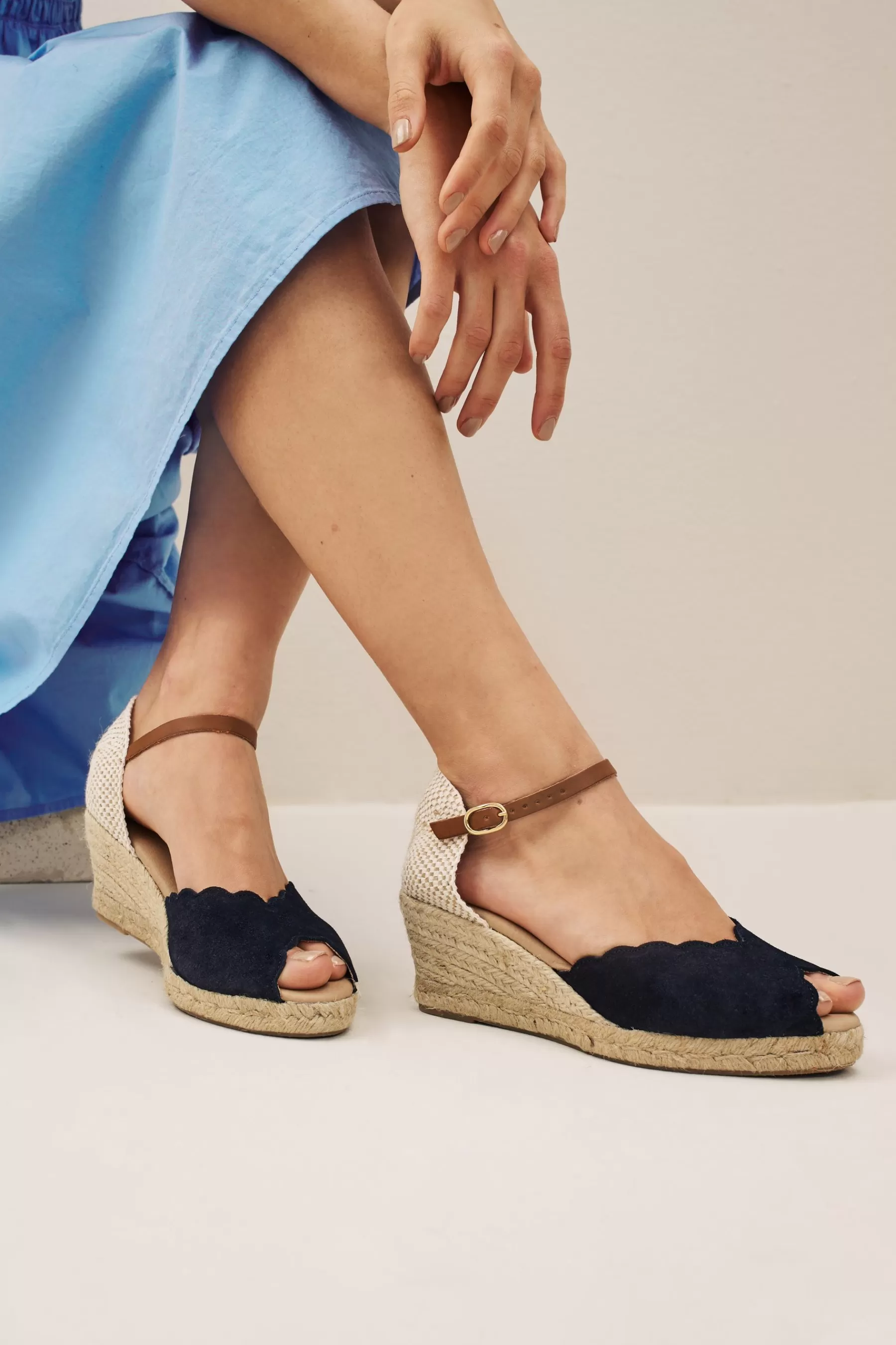 Next Sandals | Scallop Peep Toe Wedges Navy Blue