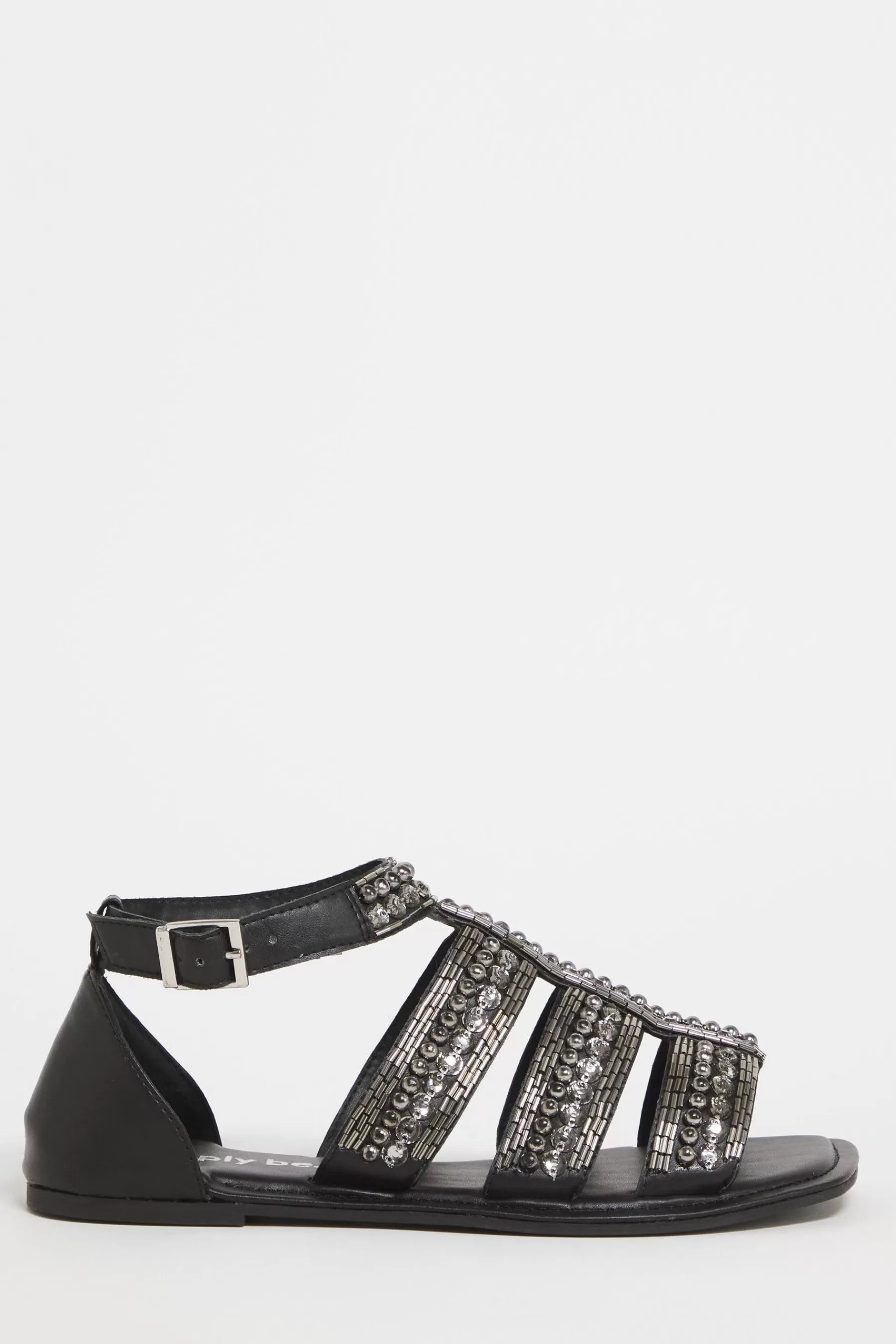 Simply Be Sandals- Extra Wide Fit Beaded Embellished Flat Sandals Black