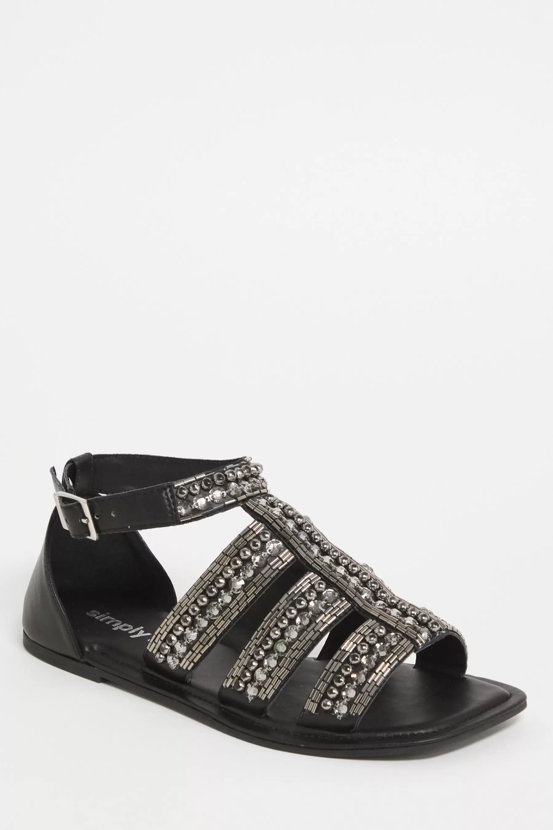 Simply Be Sandals- Extra Wide Fit Beaded Embellished Flat Sandals Black