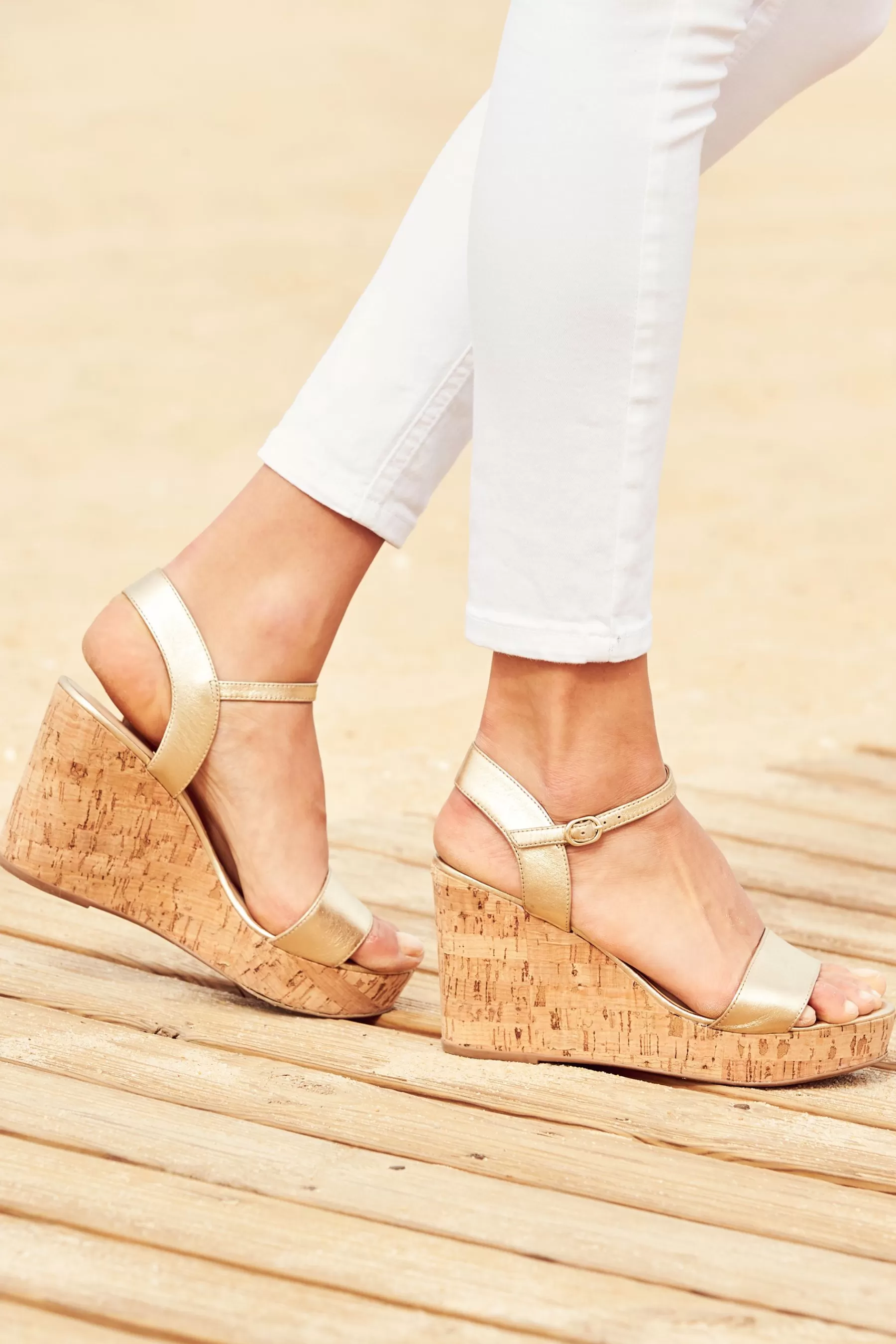 Sosandar Sandals- 2 Part Sandal Cork Wedge Gold