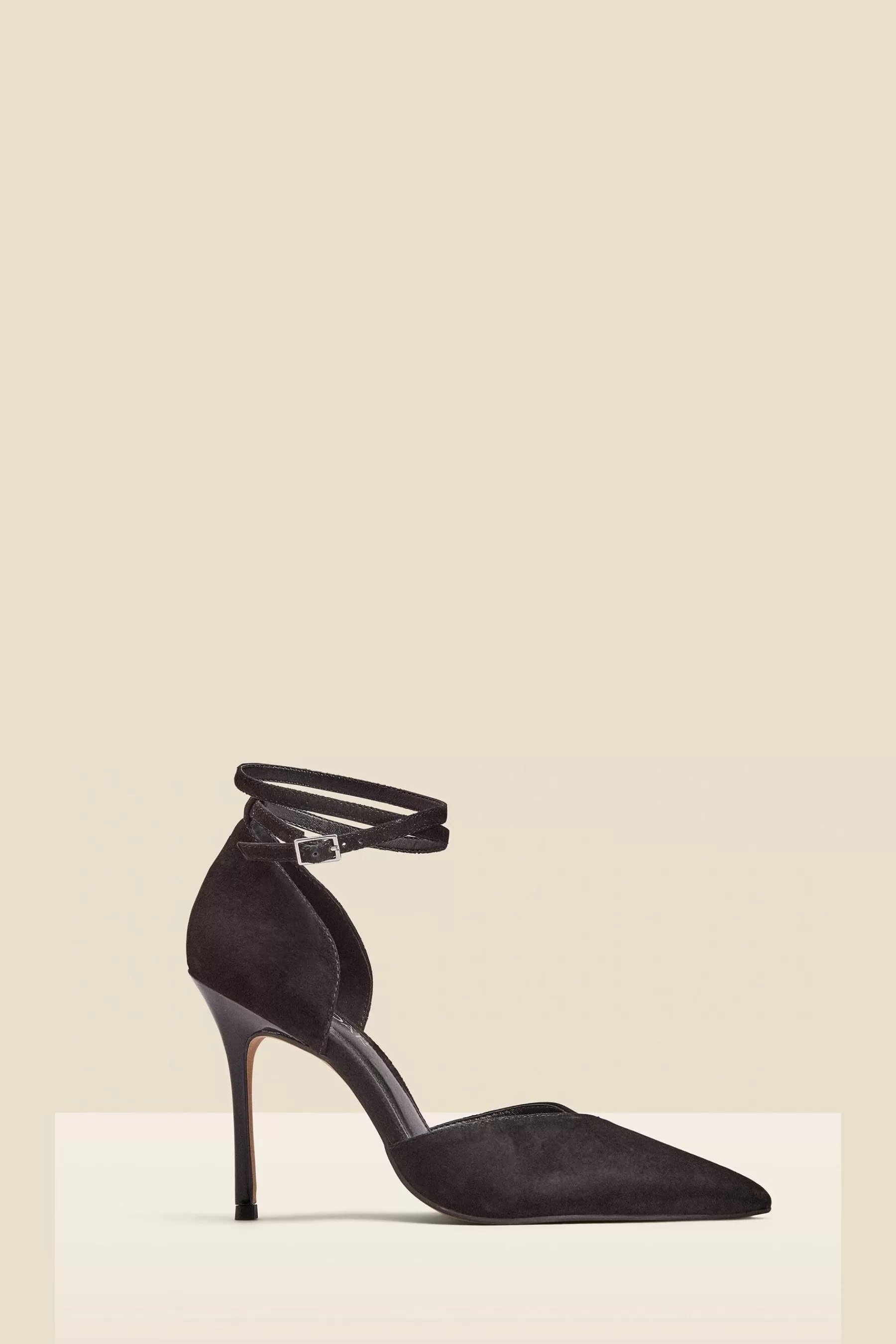 Sosandar Heels | Leather Ankle Strap Flared Heel Court Shoes Black