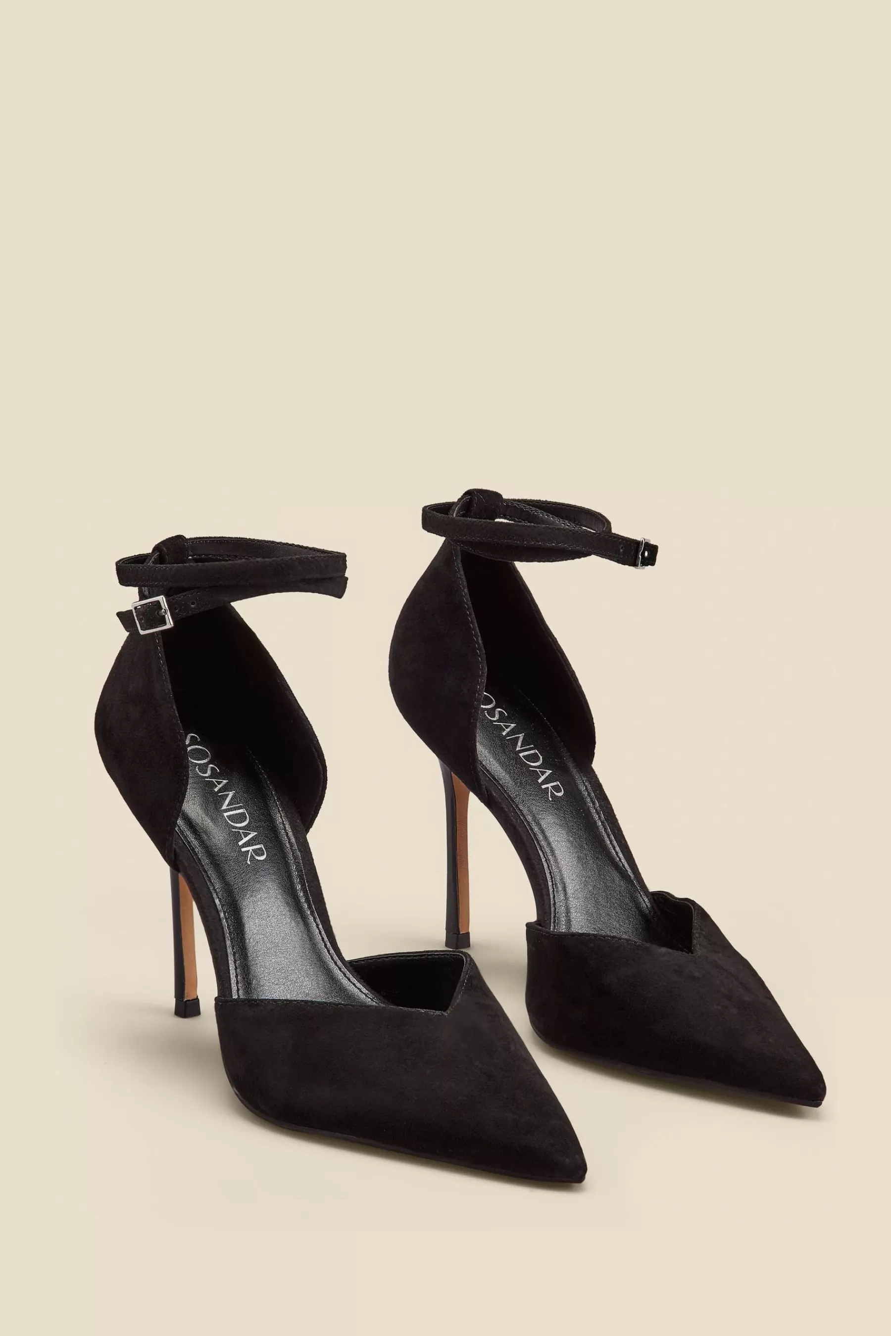 Sosandar Heels | Leather Ankle Strap Flared Heel Court Shoes Black