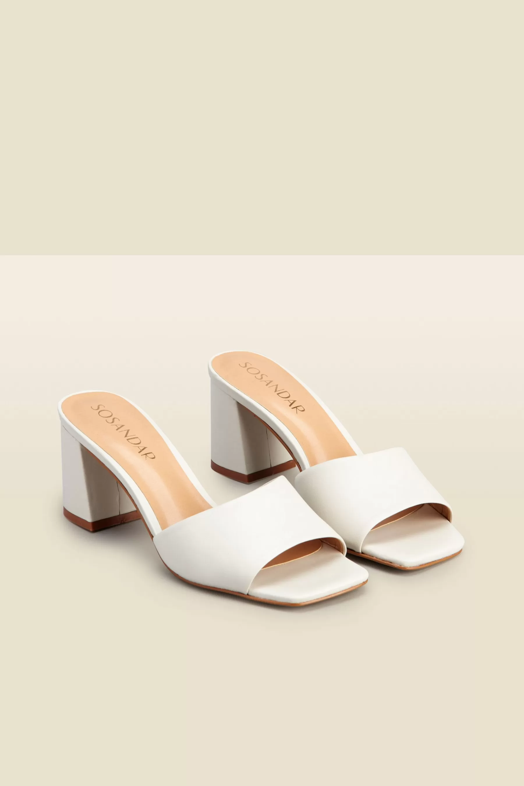 Sosandar Sandals- Leather Low Block Heel Slip On Mule Cream