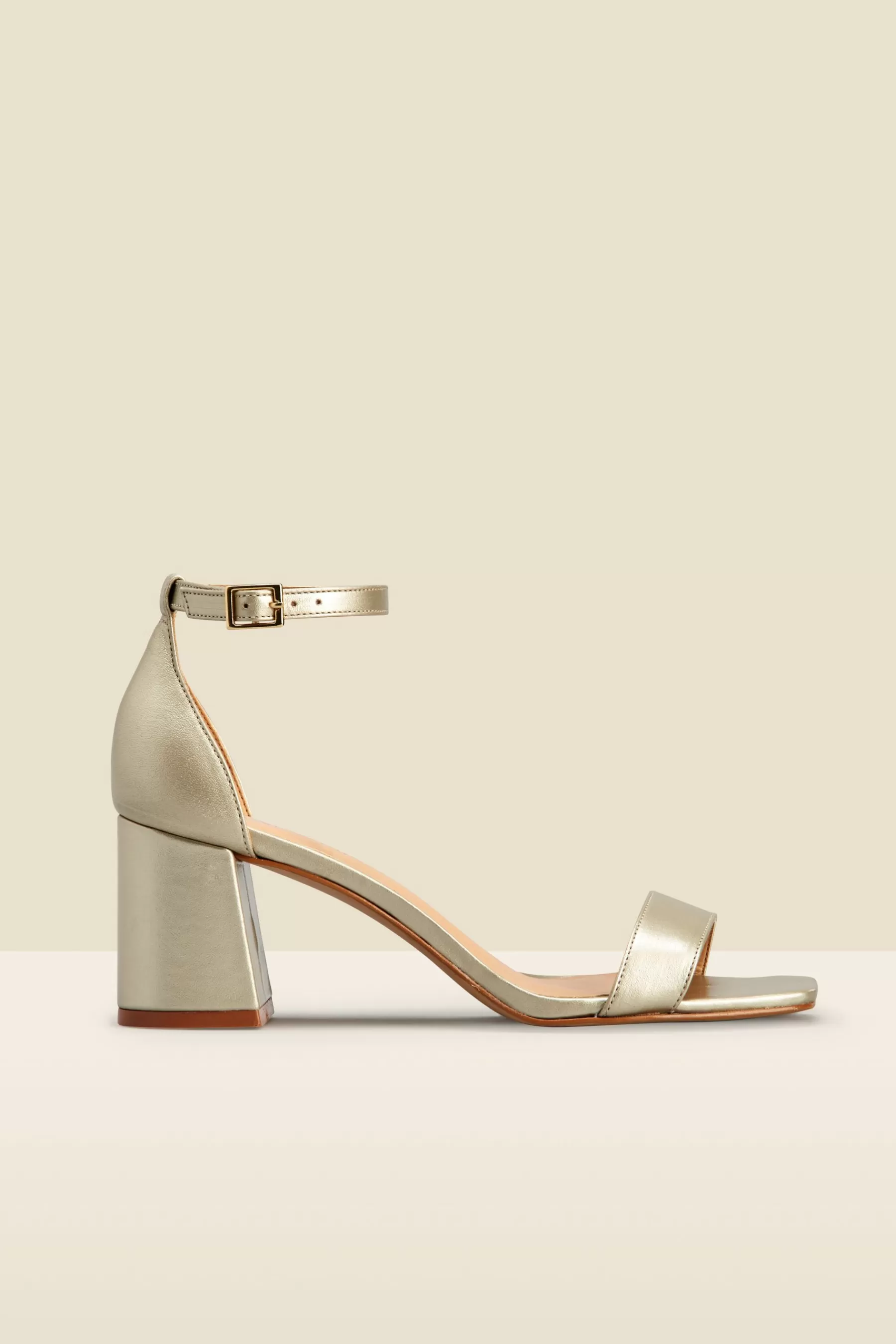 Sosandar Sandals | Leather Low Block Heels Two Part Sandals Gold