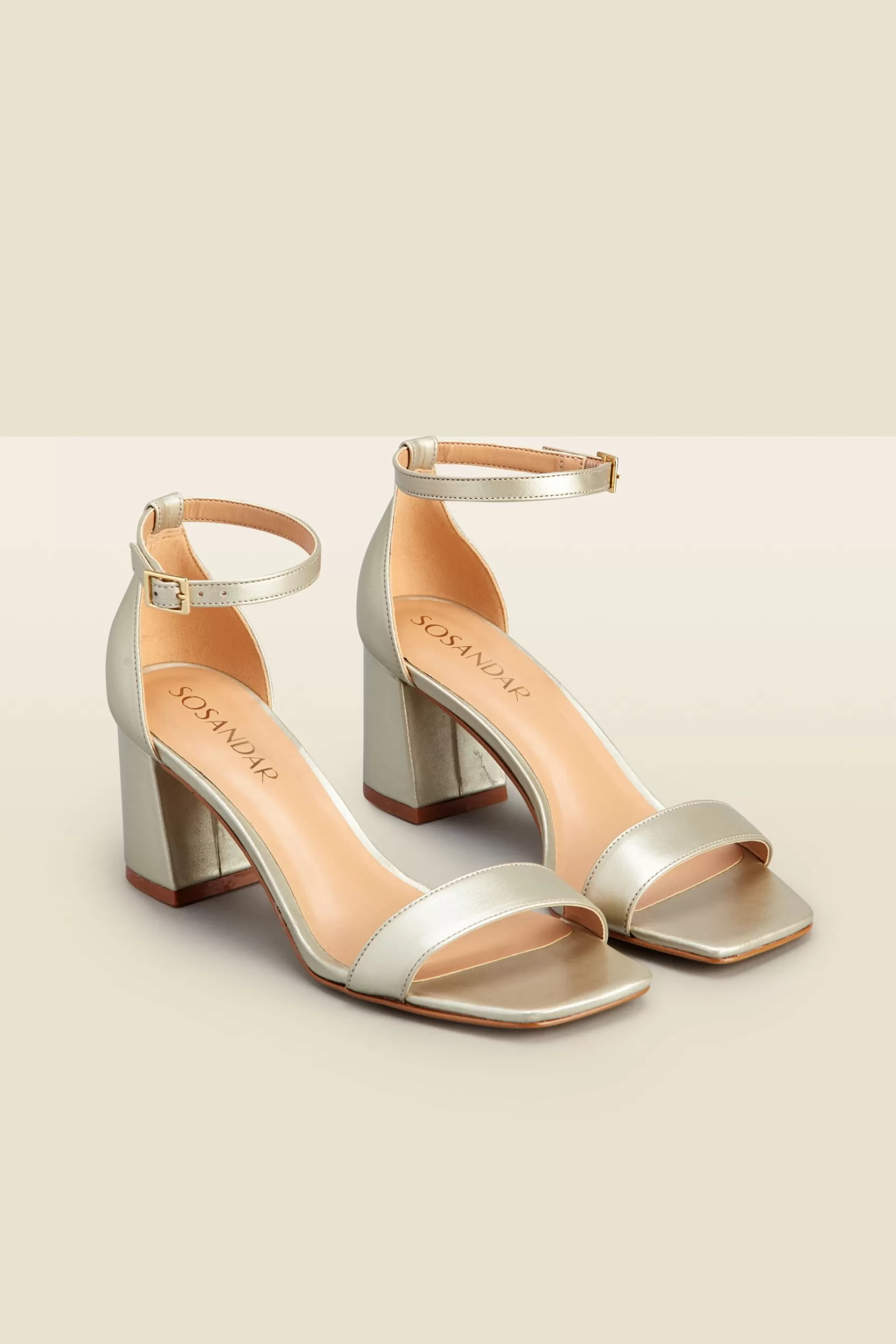 Sosandar Sandals | Leather Low Block Heels Two Part Sandals Gold