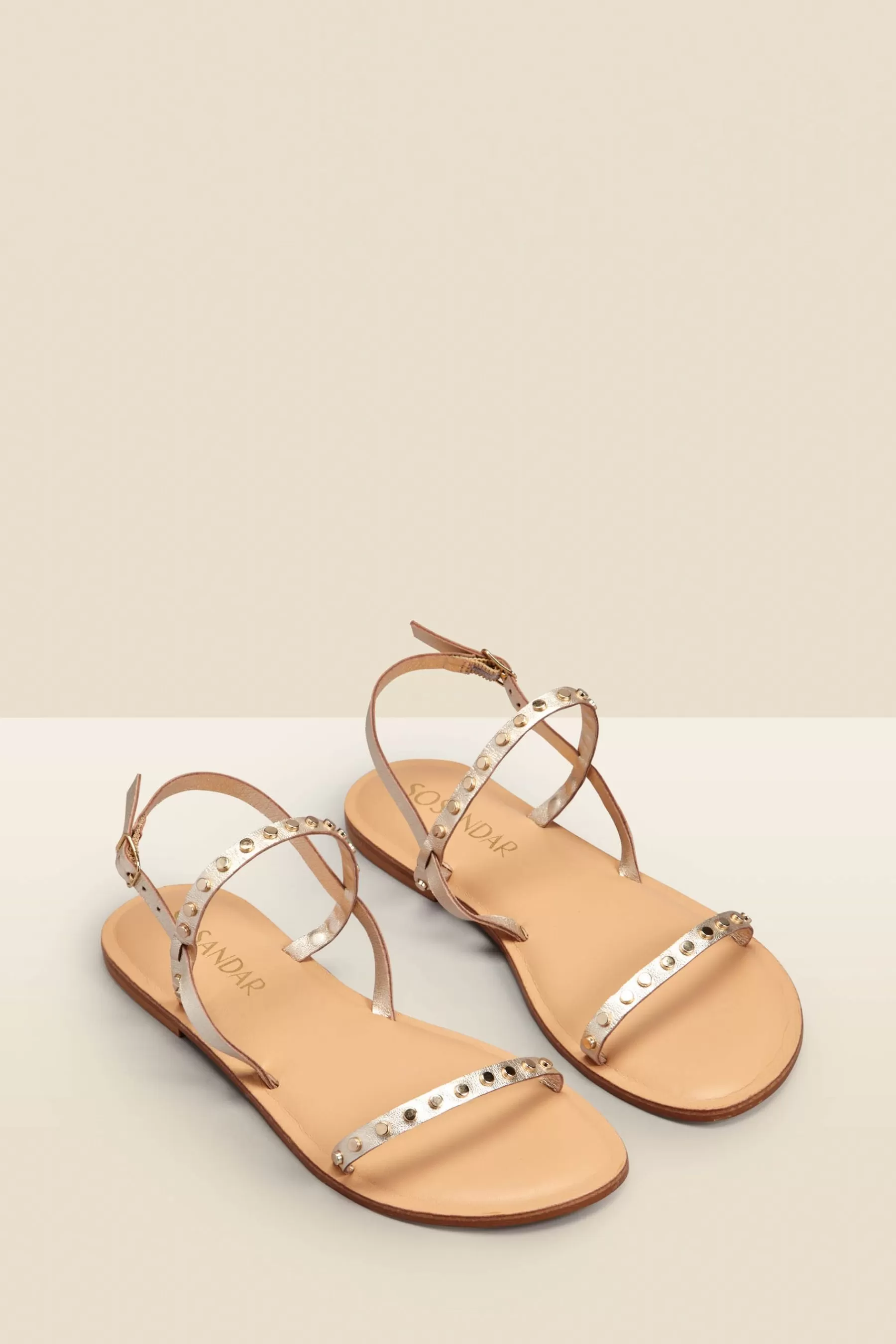 Sosandar Sandals- Leather Stud Detail Strappy Flat Sandals Gold