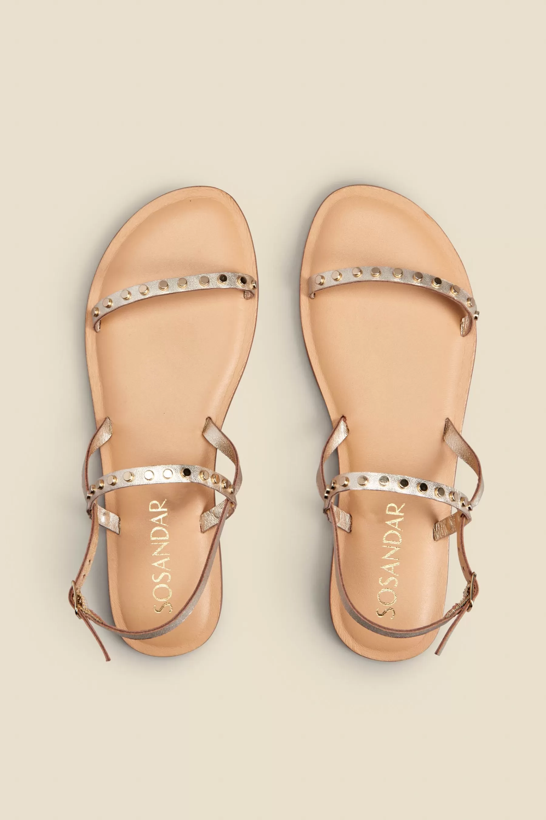 Sosandar Sandals- Leather Stud Detail Strappy Flat Sandals Gold