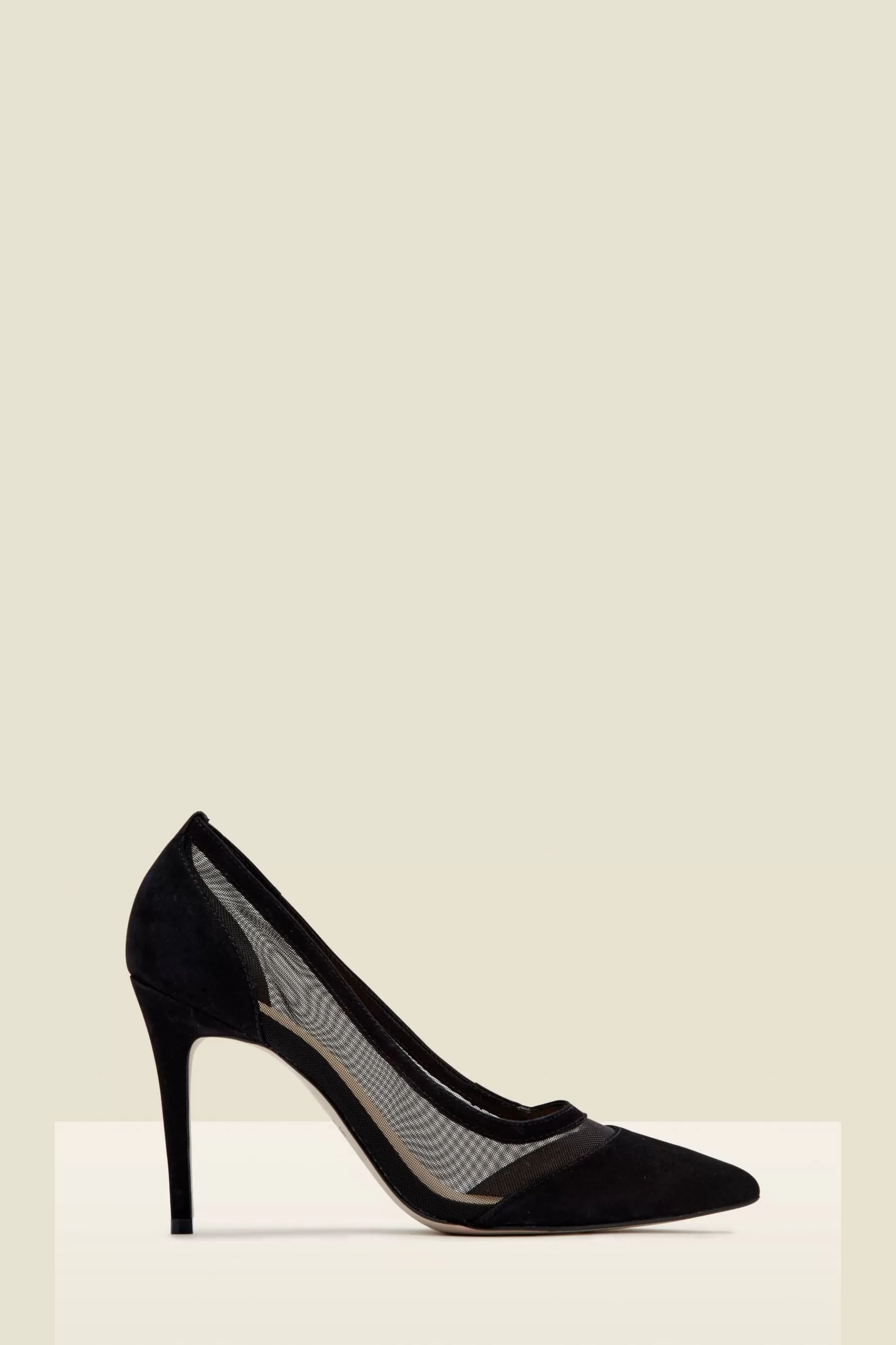 Sosandar Heels | Maya Suede Stiletto Court Shoe With Mesh Detail Black