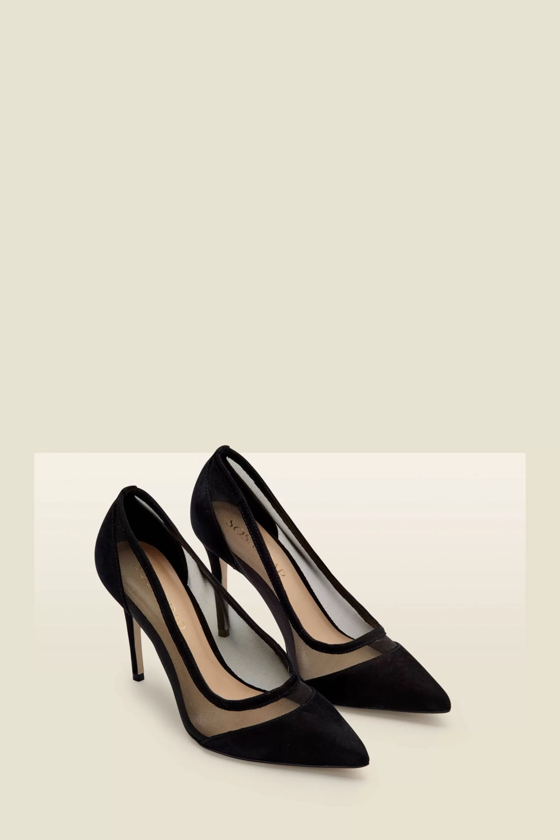 Sosandar Heels | Maya Suede Stiletto Court Shoe With Mesh Detail Black