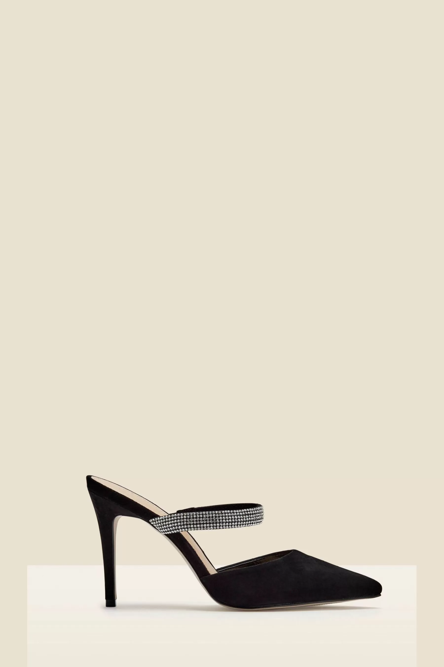 Sosandar Heels | Sofia Suede Diamante Strap Pointed Toe Mules Black