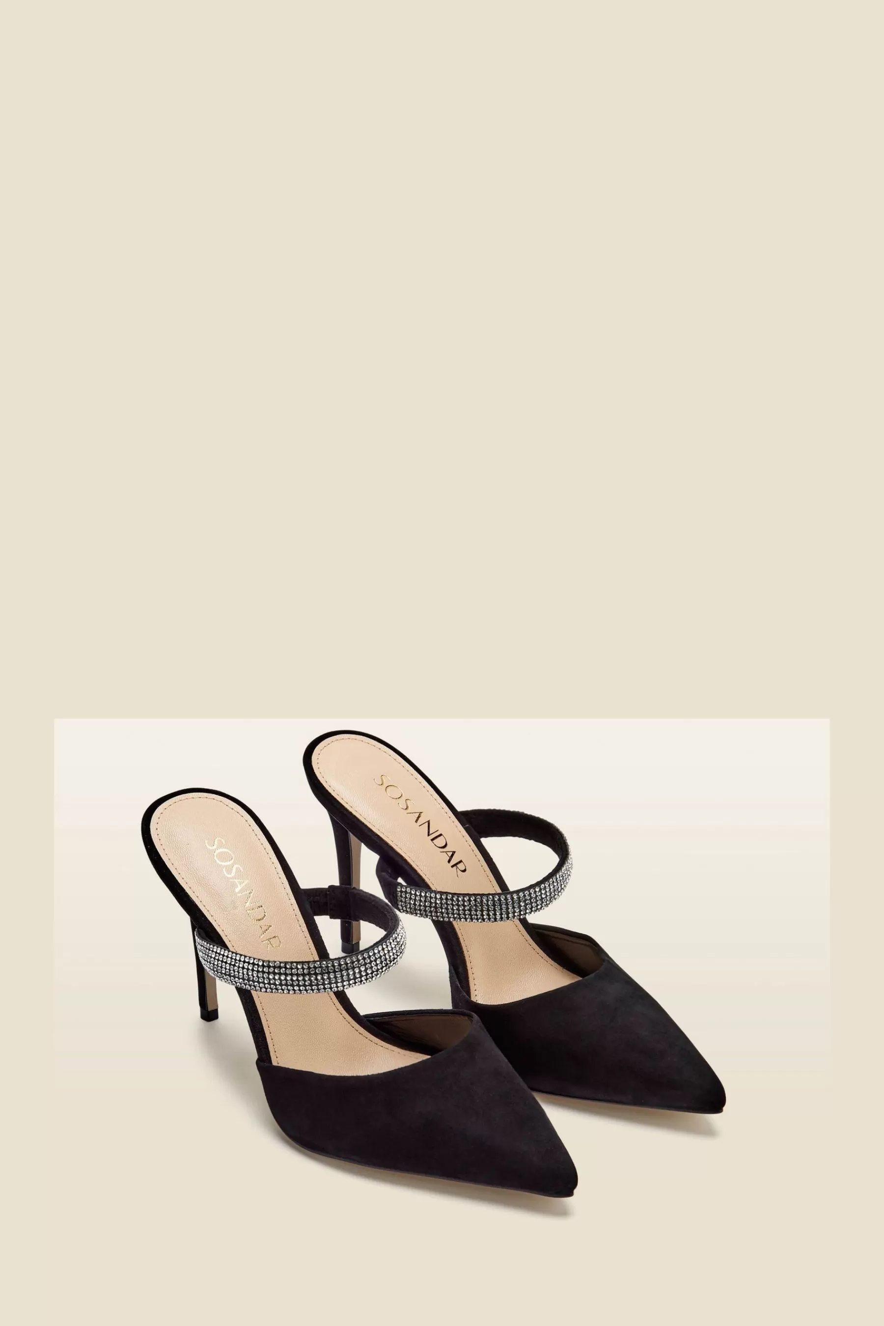 Sosandar Heels | Sofia Suede Diamante Strap Pointed Toe Mules Black