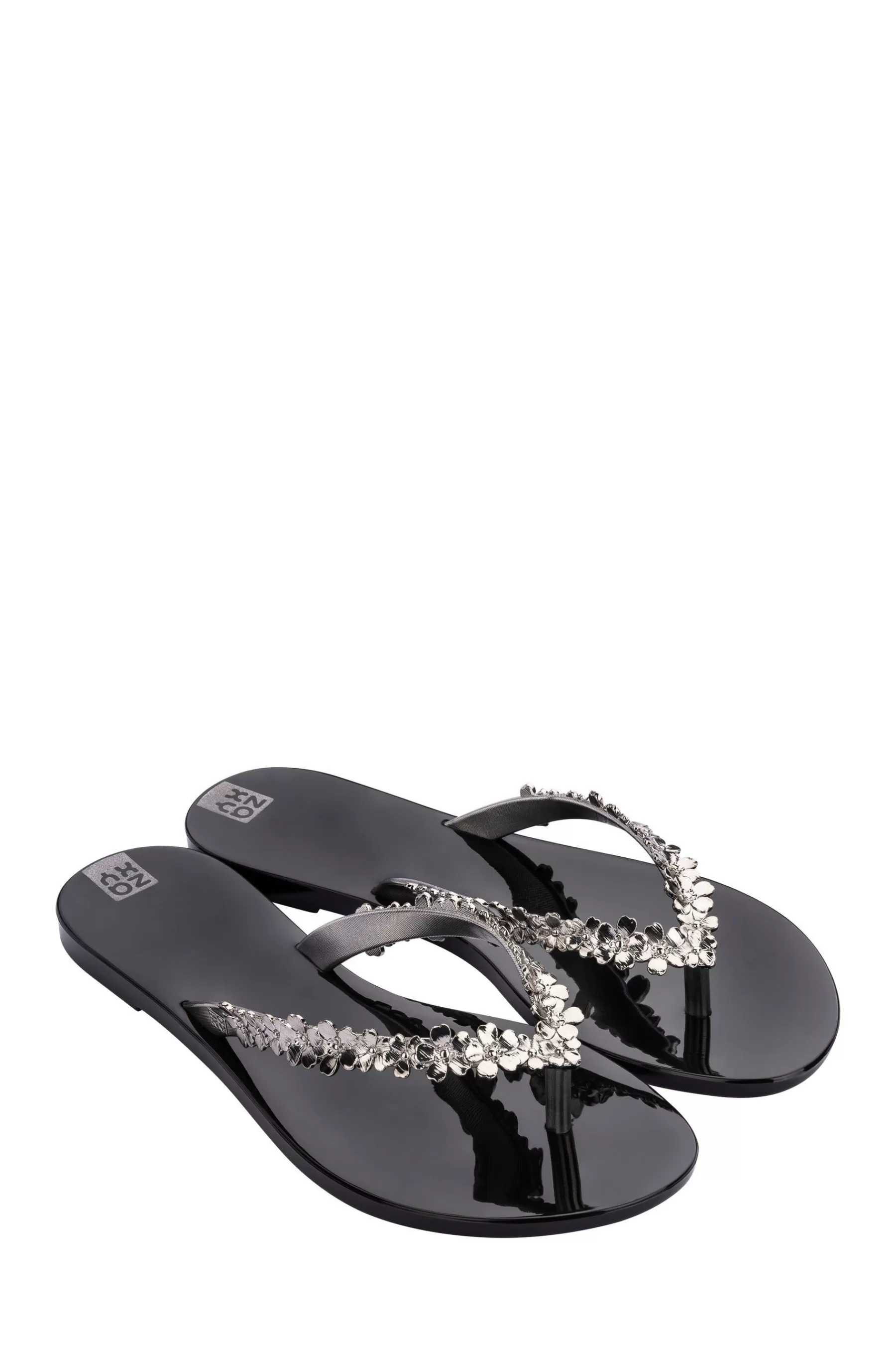 Zaxy Flat- Chrome Flower Effect Straps On Flip Flops Black